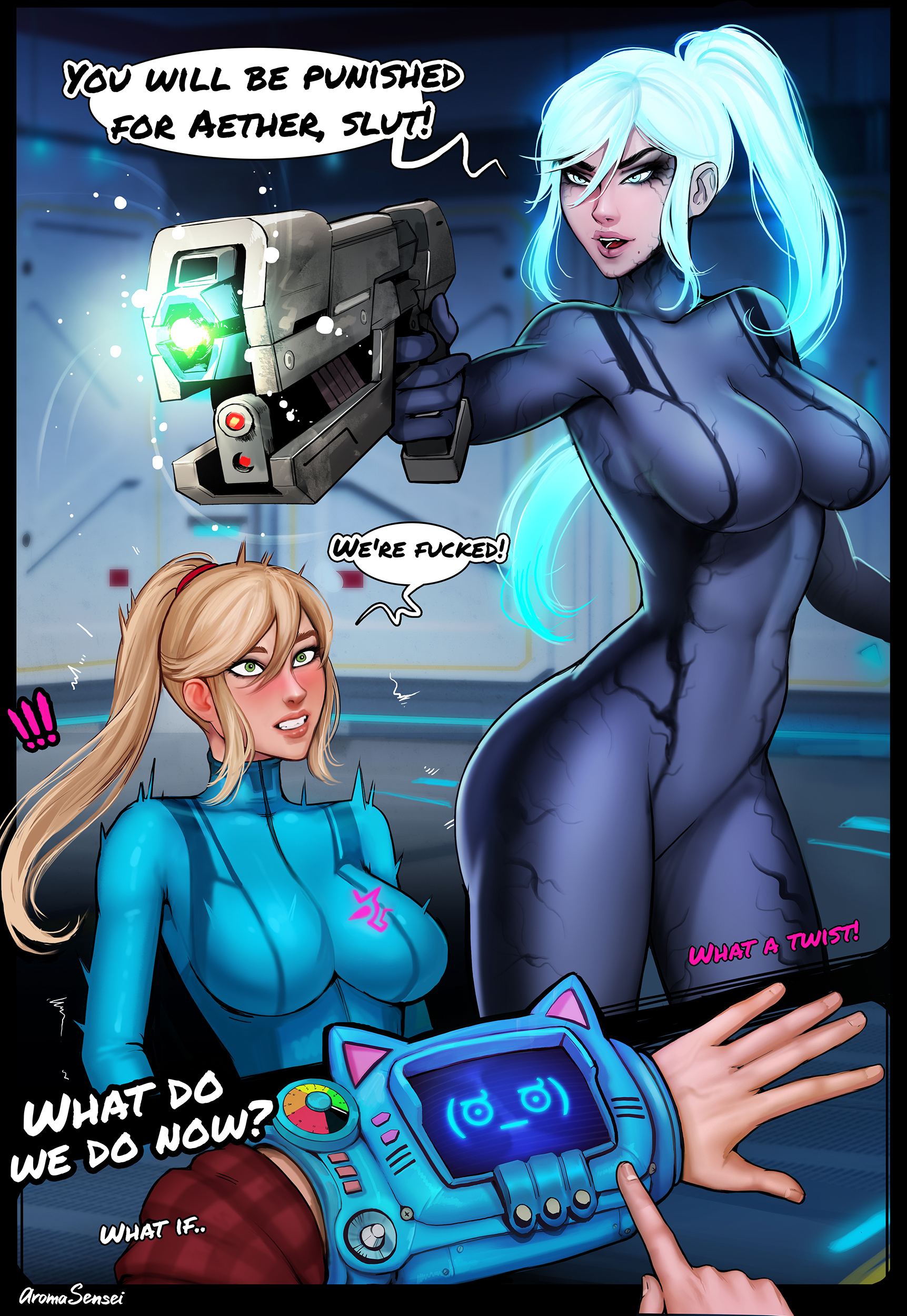 !, (ಠ ಠ), 1boy, 2girls, aroma sensei, artist name, bangs, big breasts, blonde hair, blue eyes, blue hair, blush, bodysuit, breasts, clothing, comic, computer, crossover, curvy, dark samus, dark zero suit samus, electronics, english text, fallout, female, firearm, green eyes, gun, hair, handgun, highres, human, light blue eyes, light blue hair, male, male pov, metroid, metroid prime, mole, multiple females, multiple girls, nintendo, pale skin, patreon, pip-boy, ponytail, pose, pov, samus aran, sidelocks, skin tight, speech bubble, text, thick thighs, trembling, url, veins, video games, waifunator 3000, watermark, weapon, wide hips, wristwear, zero suit, zero suit samus