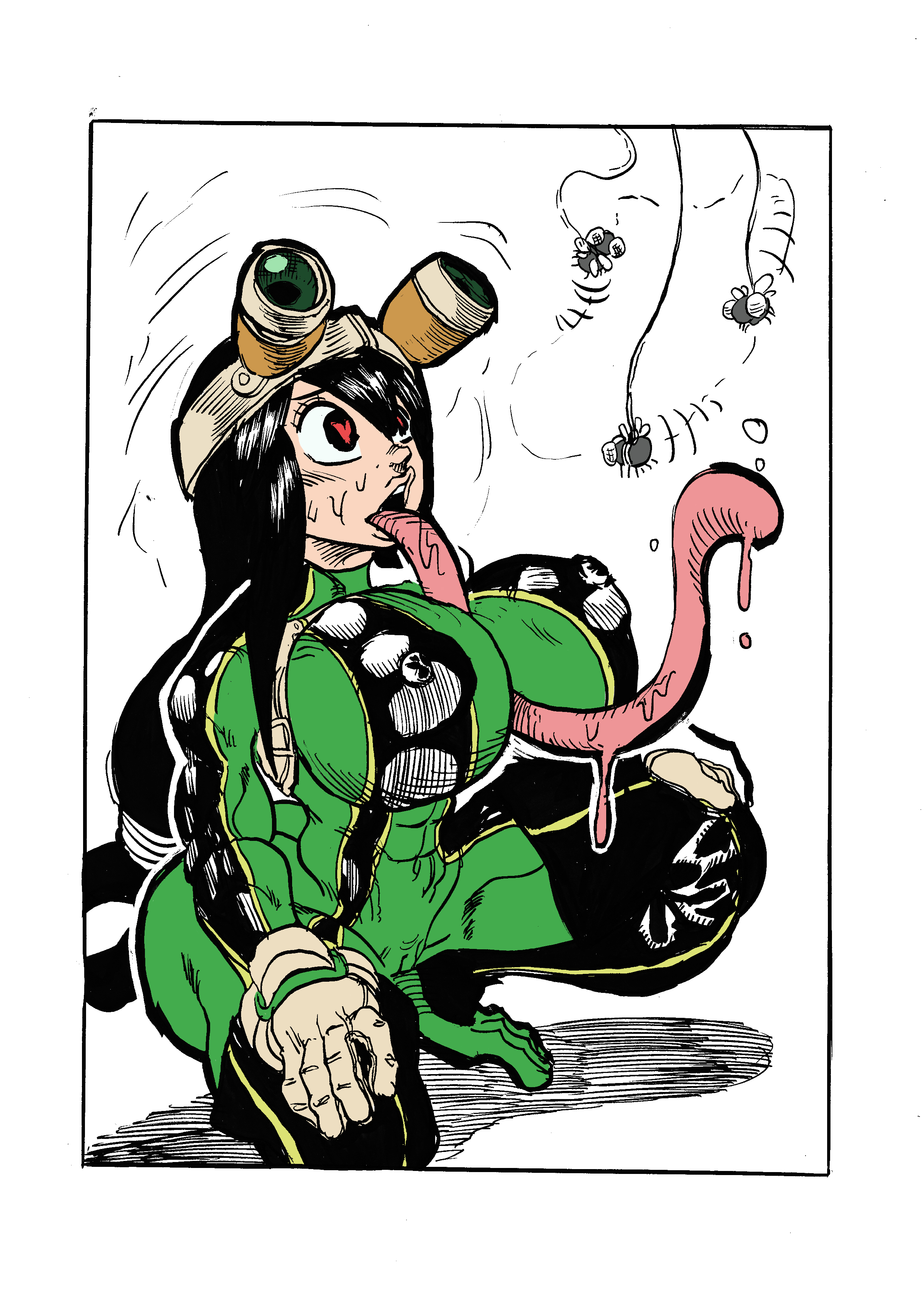 1girls, abs, alternate breast size, big breasts, black hair, breasts, color, crouching, edit, female, frog girl, fully clothed, goudadunn, heart, heart eyes, heart-shaped pupils, hero outfit (mha), huge breasts, large breasts, long hair, long tongue, muscles, muscular, muscular female, my hero academia, nipple bulge, skin tight, source request, spandex, superheroine, thick thighs, tongue, tongue out, tsuyu asui, wide hips