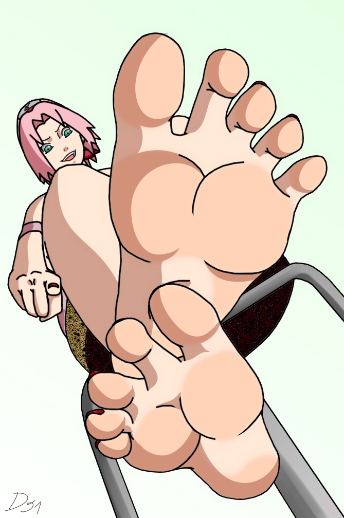 always-under-feet, big feet, chair, feet, female, foot fetish, foot focus, green eyes, naruto, naruto (series), naruto shippuden, pink hair, red nails, sakura haruno, soles, toes