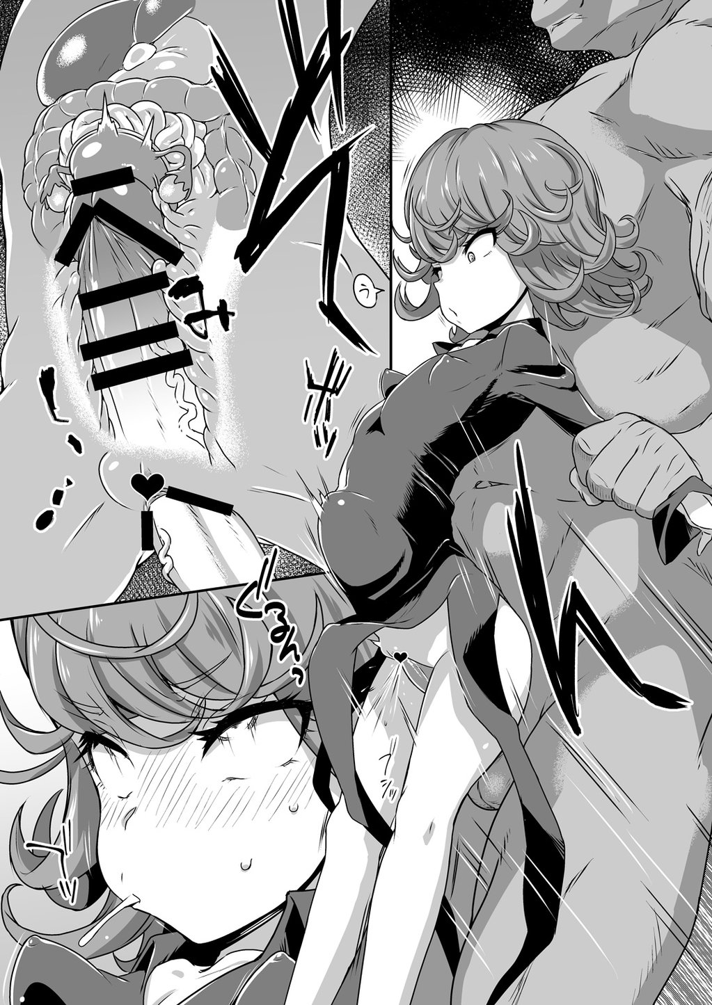 1boy, 1girls, ahe gao, arms behind back, arms held back, blush, breasts, censored, cervical penetration, circumcised, clothing, cock sleeve, dangling legs, deep penetration, dress, drool, drooling, fallopian tubes, female, held up, huge cock, larger male, male, monochrome, one-punch man, ovaries, penetration, penis, petite, pussy, reverse suspended congress, rolling eyes, sex, size difference, small breasts, smaller female, standing, standing sex, stomach bulge, straight, sugoihi, suspended on penis, sweat, tatsumaki, tight fit, uterus, vaginal penetration, x-ray