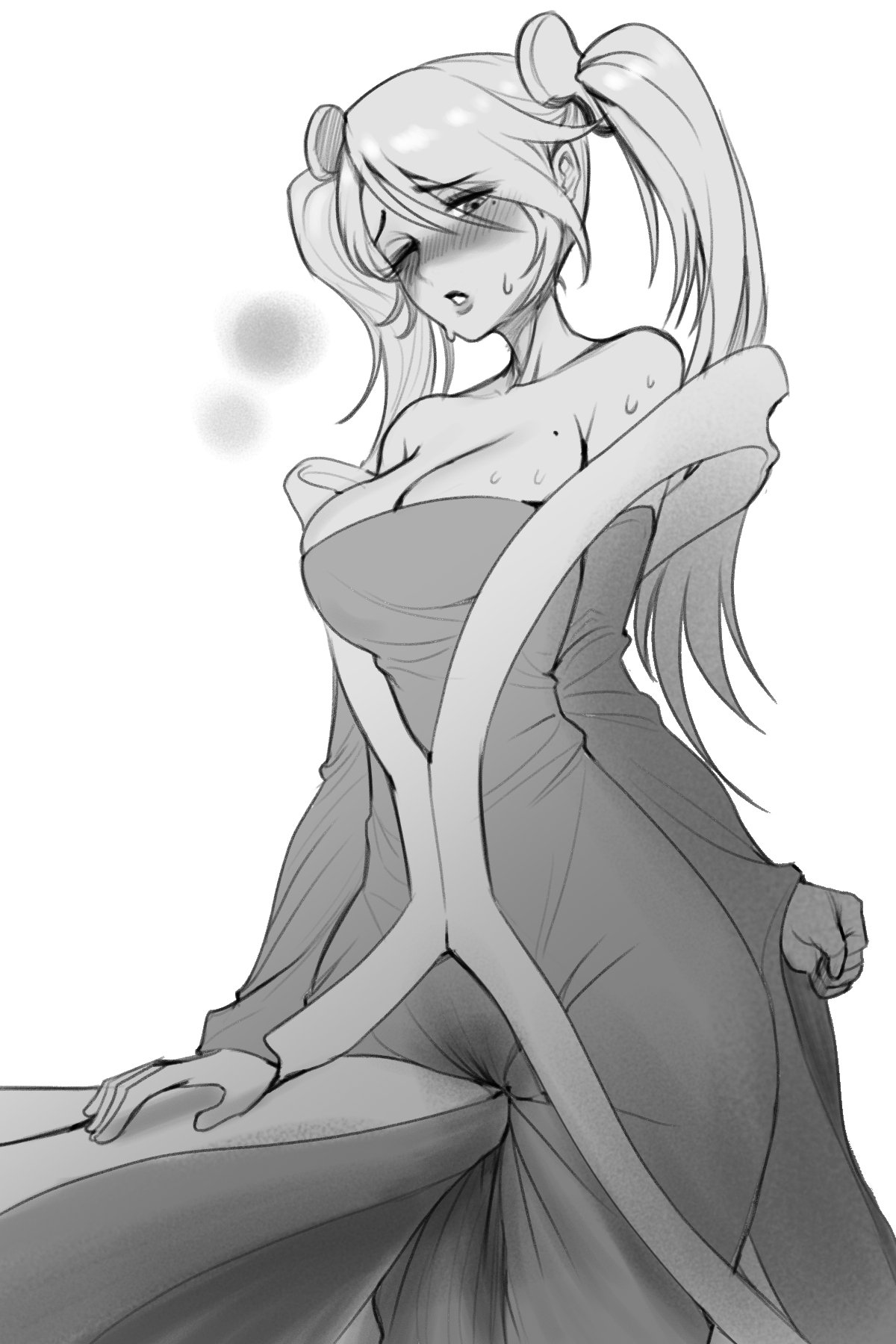 1girls, bare shoulders, blush, breasts, cleavage, clenched hand, corner masturbation, dress, female, greyscale, highres, large breasts, league of legends, masturbation, mole, mole on breast, one eye closed, r8-18, sketch, solo, sona buvelle, sweat, table humping, twintails, wide hips