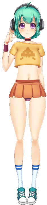 aim-e_sparks_(booty_calls) booty_calls clothed_female female female_focus female_only gamer_girl light-skinned_female looking_at_viewer nutaku purple_eyes small_breasts smile smiling smiling_at_viewer teal_hair