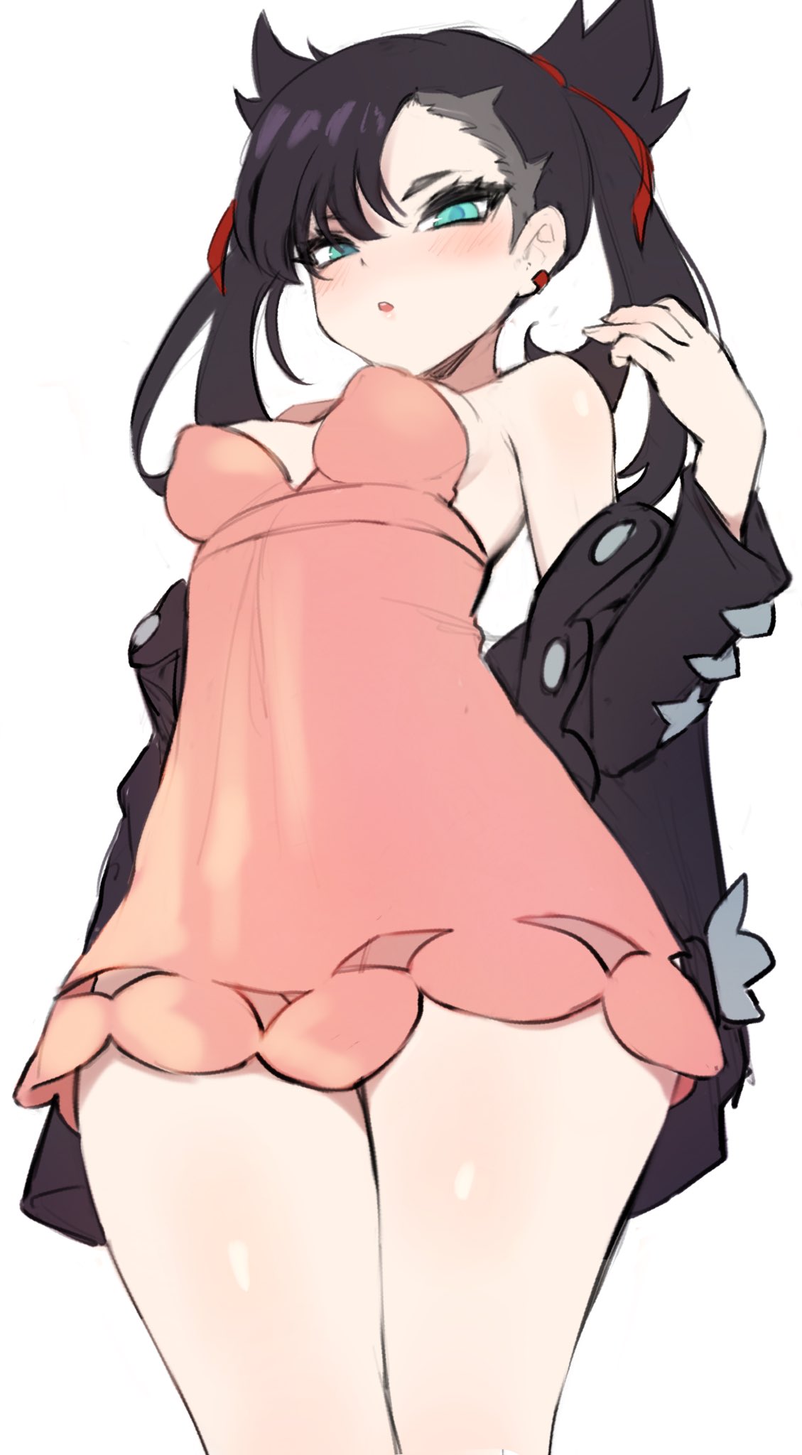 1girls, 2019, 5 fingers, black hair, blush, breasts, cleavage, clothed, clothing, dress, eye contact, eyebrows, eyelashes, female, female only, hair, half-closed eyes, human, human only, jacket, jtveemo, looking at viewer, marnie (pokemon), nintendo, pokemon, pokemon ss, solo, thick thighs, twitter, video games, wide hips