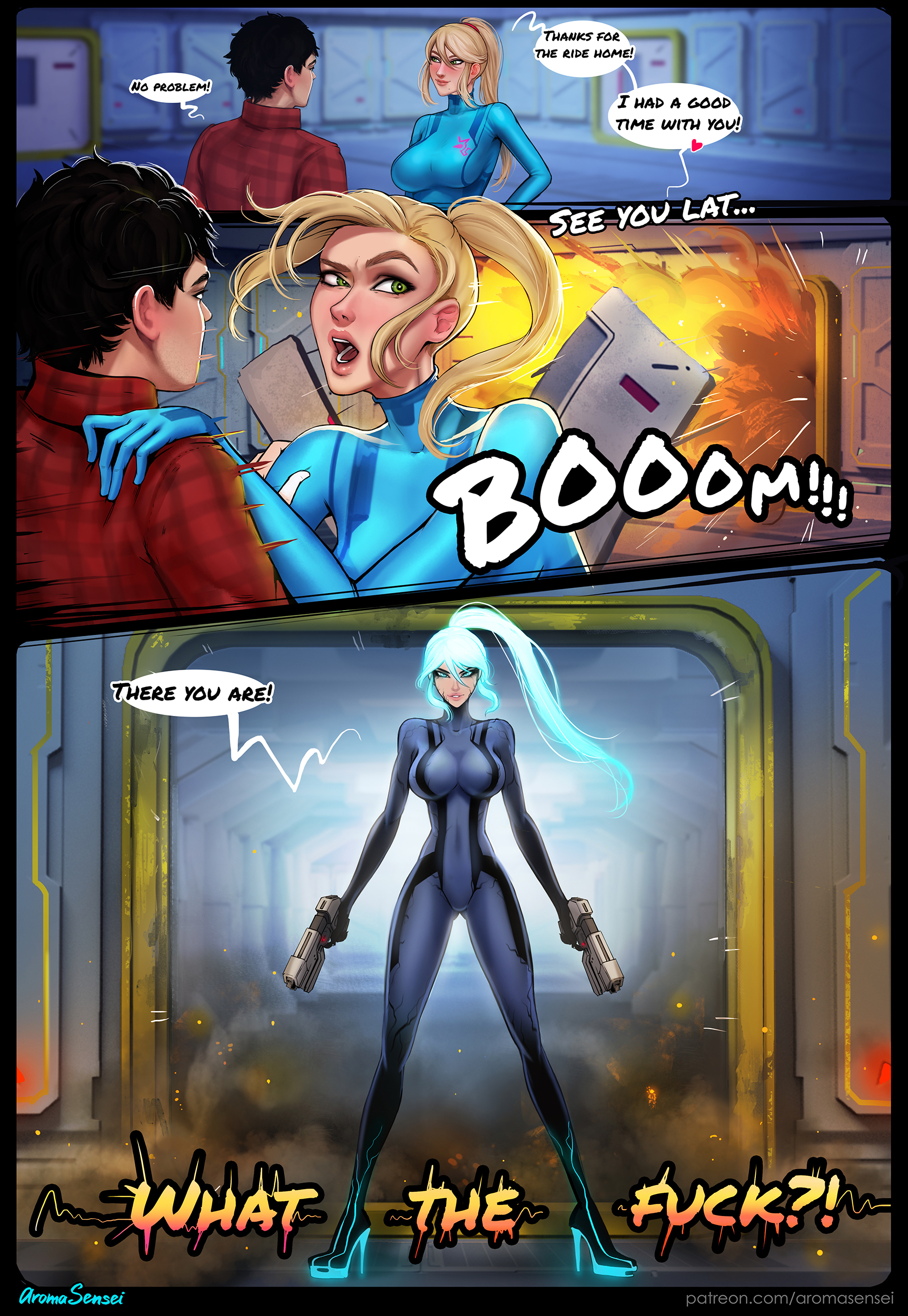 1boy, 2girls, abs, aroma sensei, artist name, bangs, beauty mark, big breasts, black border, black hair, blonde hair, blue bodysuit, blue eyes, blue hair, bodysuit, breasts, clothing, comic, curvy, dark samus, dark zero suit samus, english text, explosion, female, firearm, gloves, green eyes, gun, hair, hand on shoulder, handgun, heart, high heels, highres, human, large breasts, light blue eyes, light blue hair, male, metroid, metroid prime, multiple females, multiple girls, nintendo, pale skin, patreon, patreon url, ponytail, pose, samus aran, short hair, sidelocks, skin tight, speech bubble, spoken heart, standing, text, thin waist, url, video games, waifunator 3000, watermark, weapon, zero suit, zero suit samus