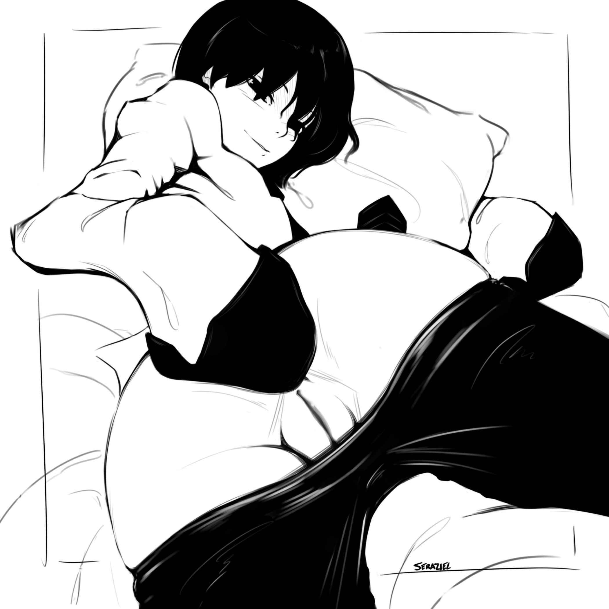 1girls, ass, bakemonogatari, black and white, bottomless, clothed, eye contact, female, hair over one eye, half-closed eyes, looking at viewer, monochrome, monogatari (series), oshino ougi, pants down, pillow, pussy, seraziel, sketch, solo, text, watermark