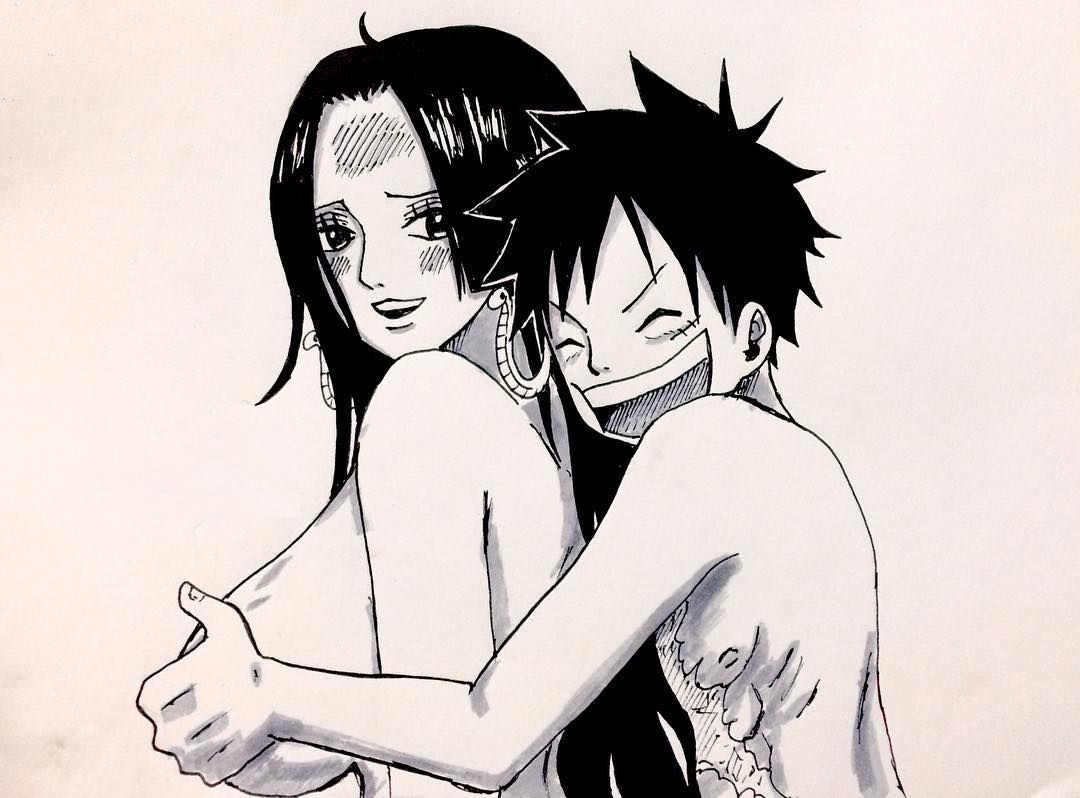 1boy, 1girls, big breasts, black hair, blush, boa hancock, breast grab, breasts, cowlick, earrings, eyes closed, female, hand on breast, happy, hugging, hugging from behind, looking at partner, male, monkey d luffy, muscular, nude, one piece, scar, shounen jump, sidelocks, snake earrings, wholesome