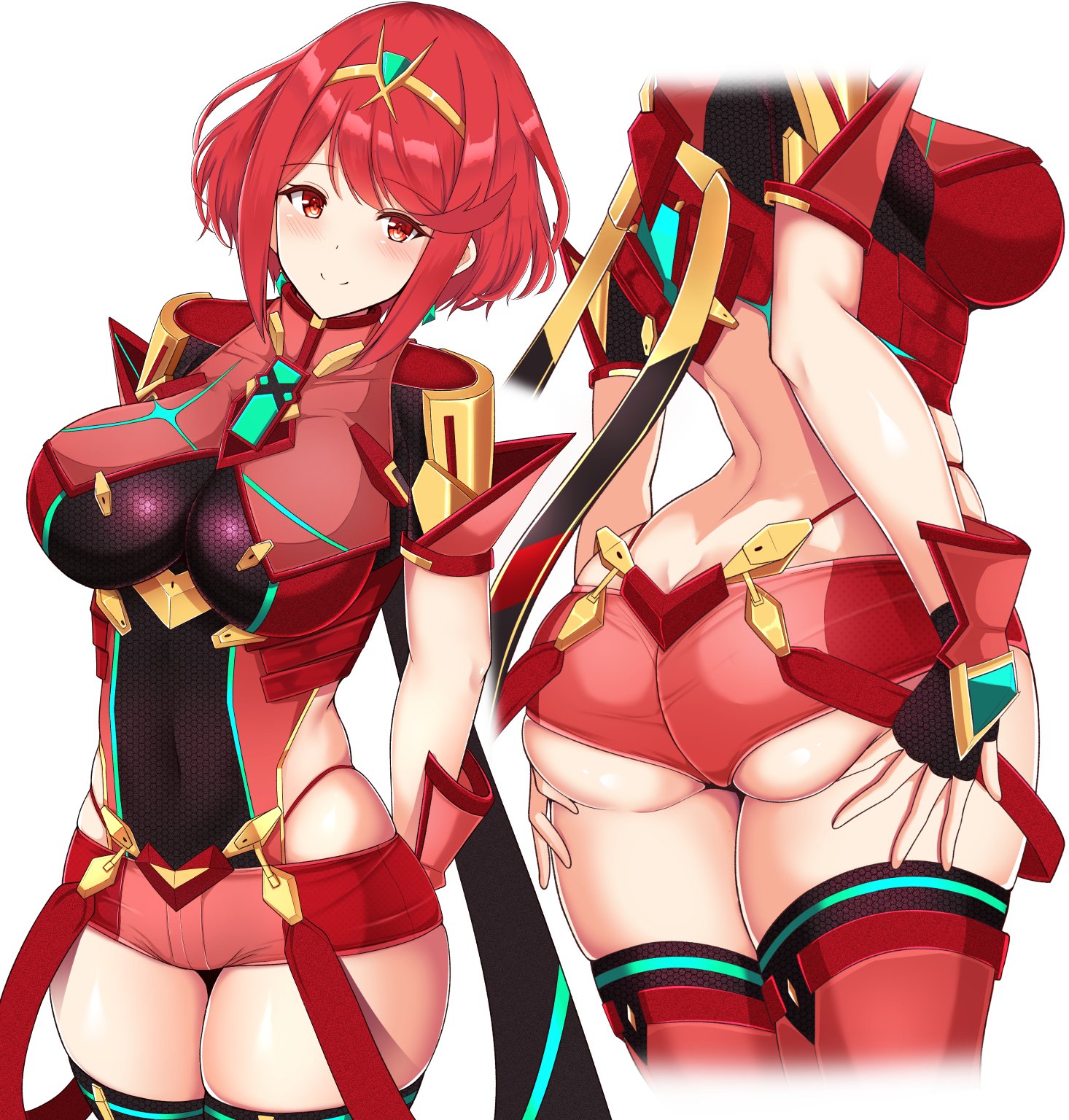 1girls, ass, ass grab, bangs, blush, breasts, cleavage, female, female only, fingerless gloves, fully clothed, gloves, large breasts, looking at viewer, nintendo, noeomi, pyra, red eyes, red hair, short shorts, shorts, smile, thick thighs, thighhighs, thighs, xenoblade (series), xenoblade chronicles 2