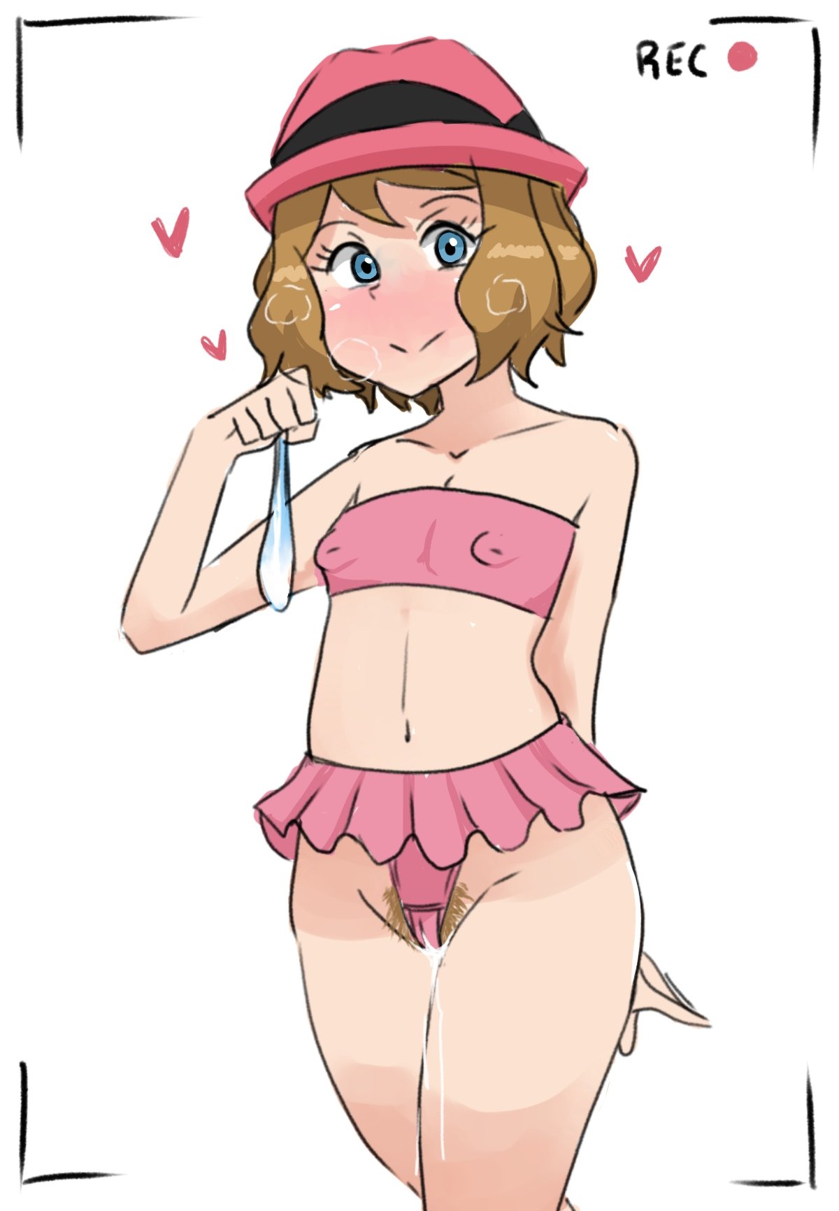 1girls, after sex, belly, bikini, breasts, camera, clothed, condom, cum, cum drip, cum in pussy, cum inside, erect nipples, eye contact, female, female only, filled condom, flat chest, hairy, hat, heavy breathing, hud, human, human only, leaking, looking at viewer, navel, nintendo, nipples, panties, pokemon, pokemon xy, pose, pubic hair, pussy, reach025, recording, serena (pokemon), small breasts, solo, text, thick thighs, used condom, wet, wide hips