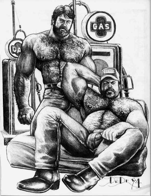 1990s 1994 20th_century 2boys baseball_cap beard black_and_white bulge da_de_(artist) dade_ursus hairy hairy_chest male male_only muscle muscles