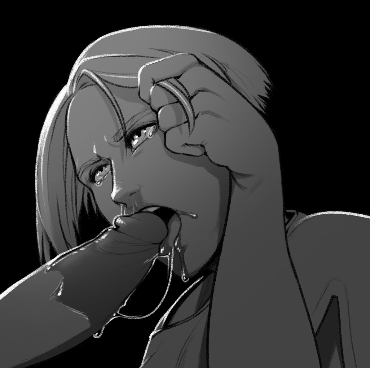 1boy, 1girls, adjusting hair, black and white, black background, blowjob, close-up, crying, drooling, fellatio, female, half-closed eyes, harsh-mallowz, iq (rainbow six), licking, licking penis, male, monochrome, open mouth, oral, oral sex, penis, portrait, rainbow six, rainbow six siege, rape, saliva, straight, tears, tom clancy, wet