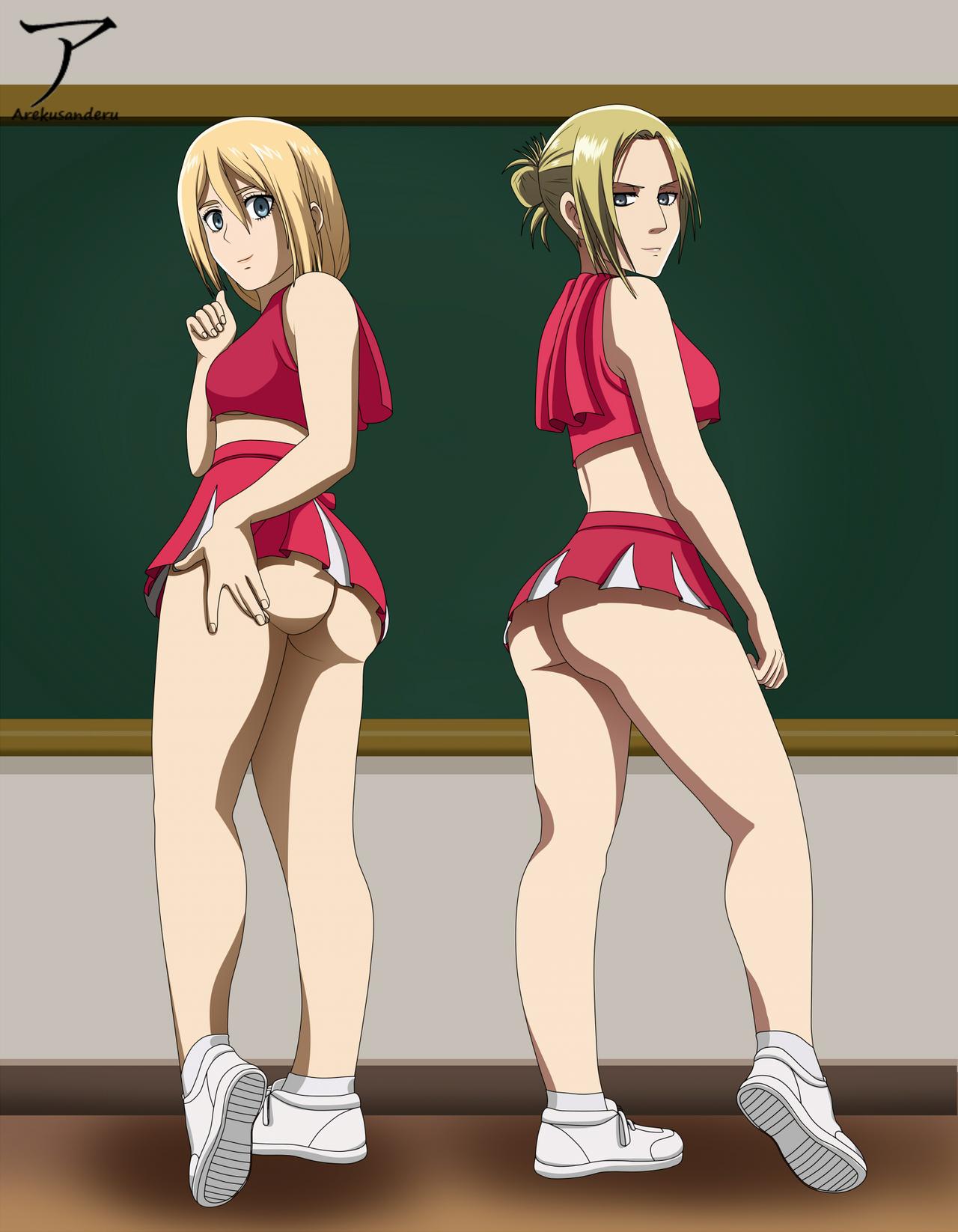 2girls, annie leonhardt, arekusanderu, ass, attack on titan, blonde hair, cheerleader, cheerleader uniform, christa lenz, female, hair bun, historia reiss, looking back, shingeki no kyojin, shoes, skirt, tagme, thighs