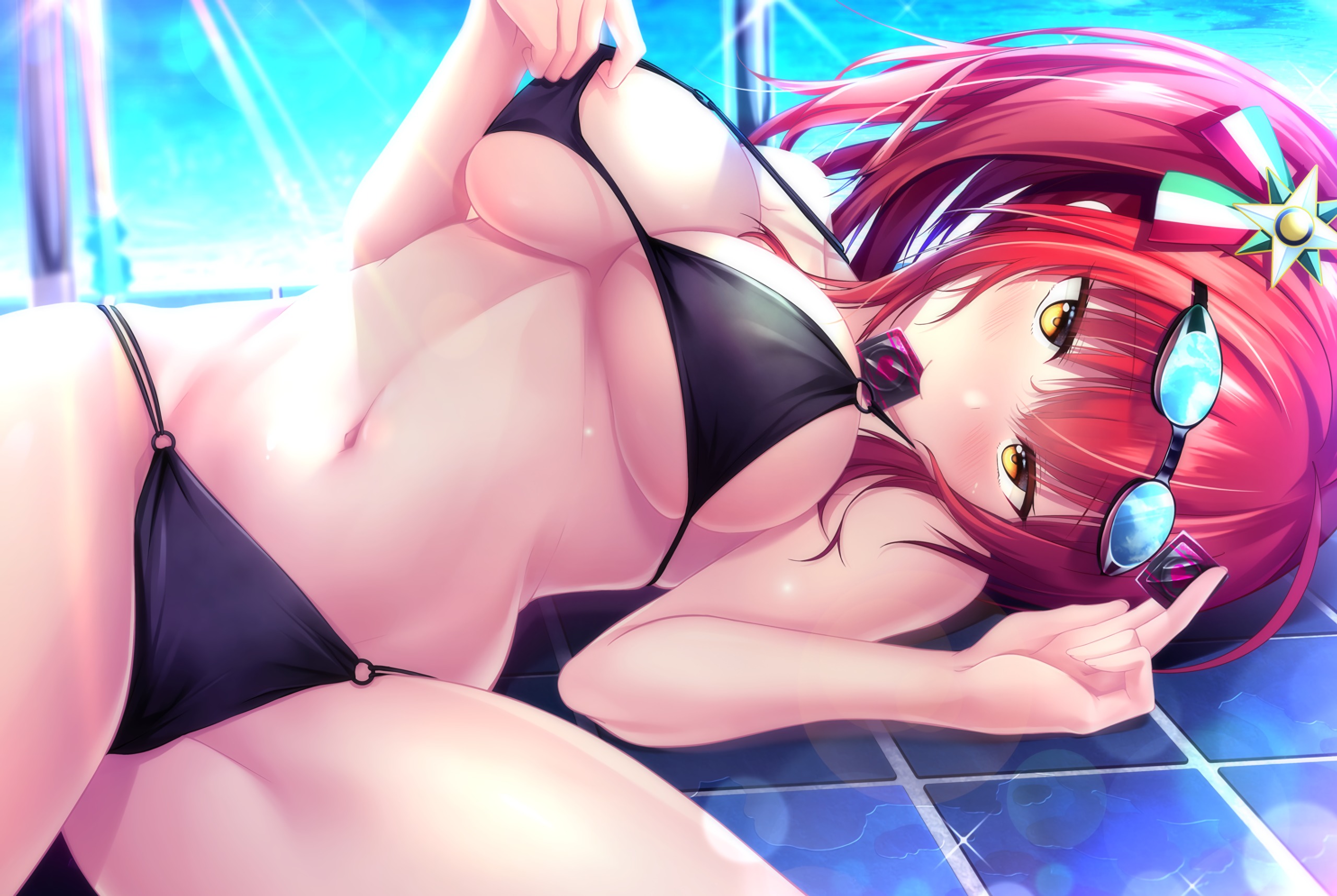 azur lane, bikini, breasts, cleavage, female, huge breasts, long hair, poolside, red hair, sitting, thick thighs, yellow eyes, zara (azur lane)