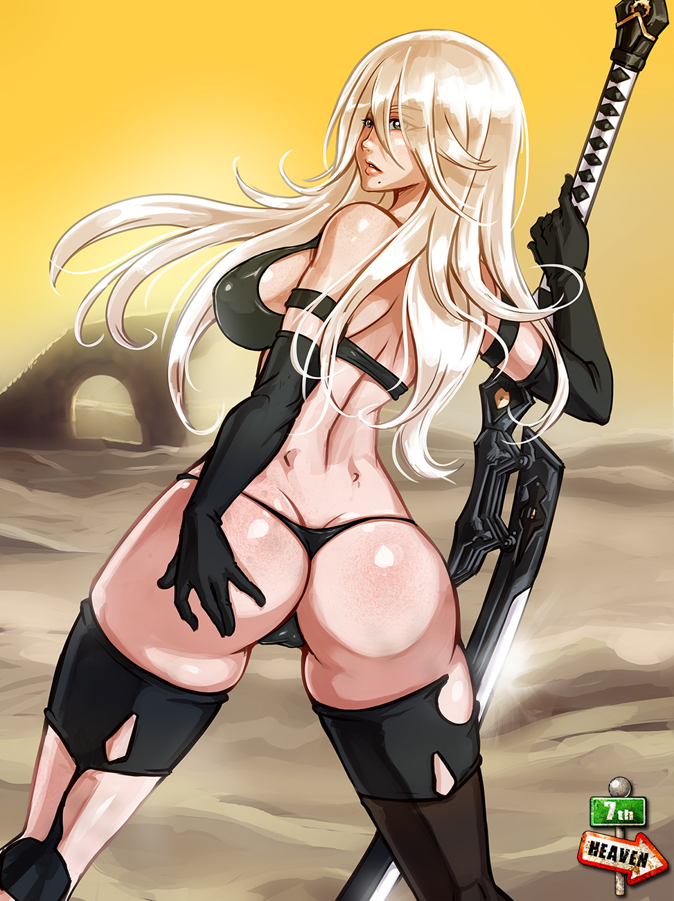 1girls, 7th-heaven, android, artist name, ass, big ass, female, female only, large ass, long hair, nier, nier: automata, panties, solo, thong, video games, watermark, yorha a2