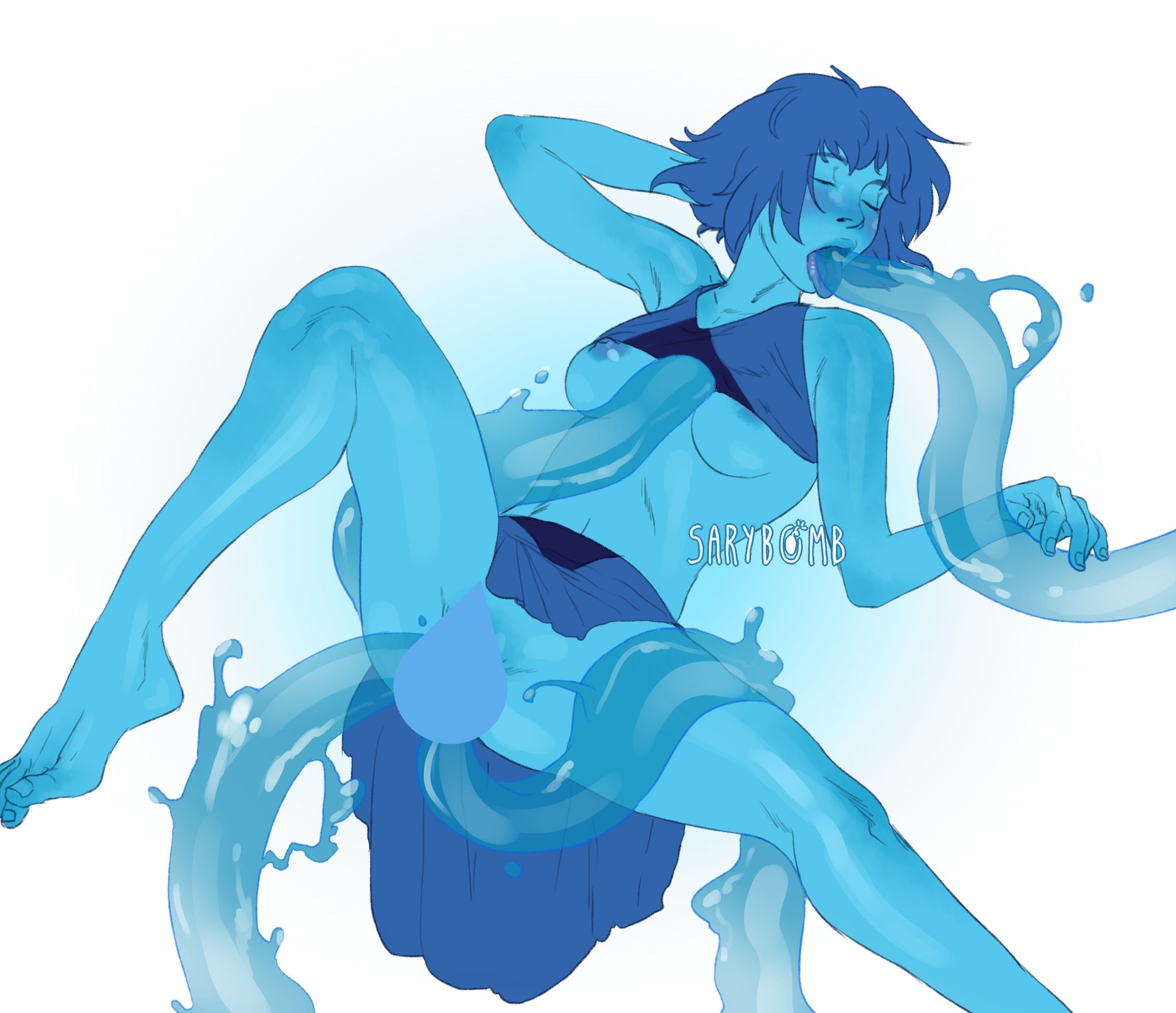 barefoot, blue skin, bottomless, breasts, censored, closed eyes, clothing, consensual tentacles, consentacles, double penetration, feet, female, lapis lazuli (steven universe), masturbation, nipple slip, nipples, open mouth, oral, penetration, sarybomb, sex, skirt, skirt lift, solo, spread legs, steven universe, tentacle, tentacle grab, tentacle sex, tongue, tongue out, translucent tentacles, underboob, water masturbation, water tentacle, water tentacles, white background