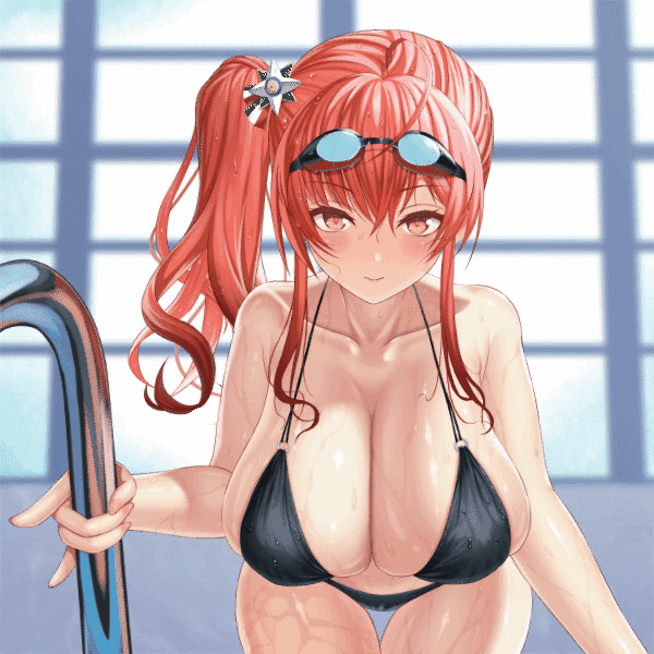 animated, azur lane, bikini, bouncing breasts, breasts, cleavage, female, huge breasts, long hair, poolside, red hair, sitting, thick thighs, yellow eyes, zara (azur lane)