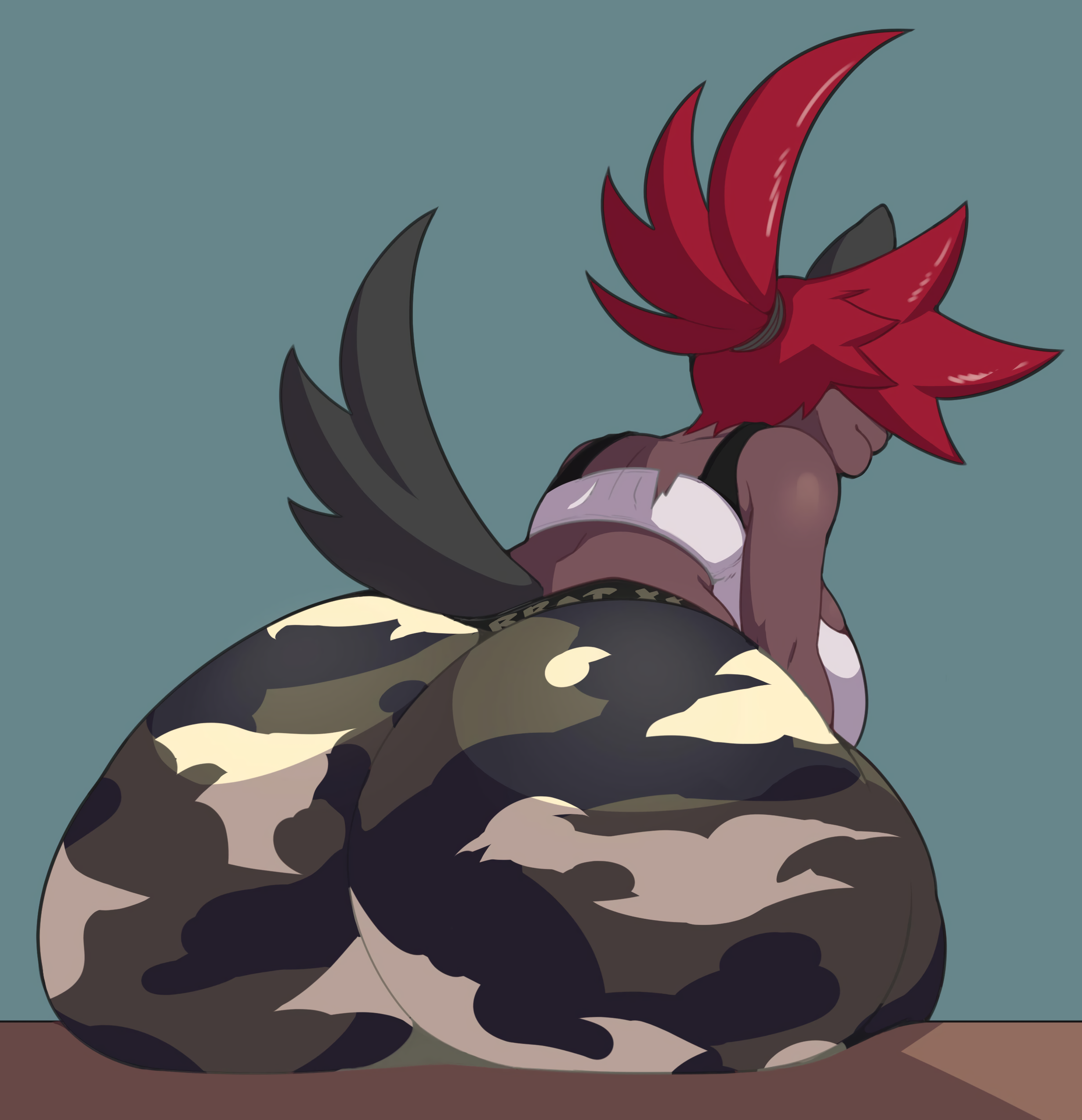 absurd res, anthro, ass, big ass, big breasts, big butt, breasts, canid, canine, dark skin, dark-skinned female, female, hi res, huge ass, huge butt, mammal, pepper (vammzu), rear view, vammzu