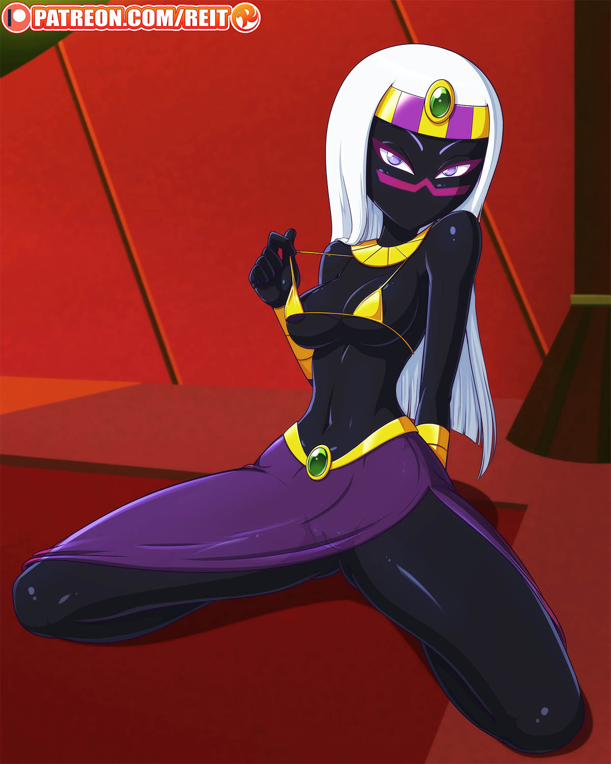 background, black skin, duck dodgers, female, looking at viewer, open legs, patreon, purple eyes, queen tyr'ahnee, reit, solo, solo female, white hair