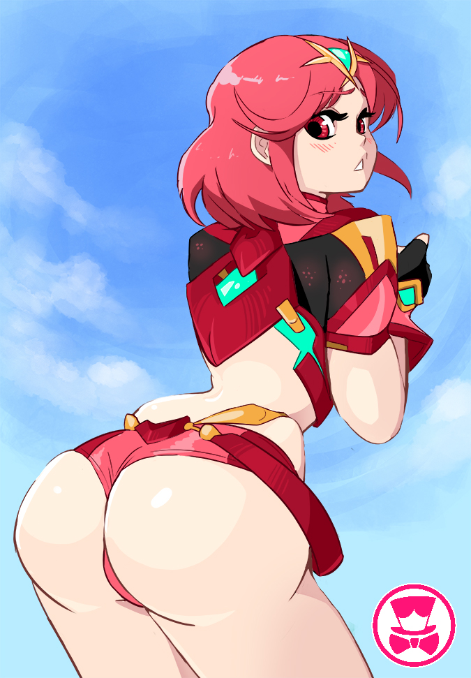 1girls, 2019, ass, ass focus, back view, big ass, blush, clothed, female, female only, looking back, nintendo, pyra, red eyes, red hair, revealing clothes, schpicy, short shorts, shorts, skimpy, skimpy clothes, solo, xenoblade (series), xenoblade chronicles 2
