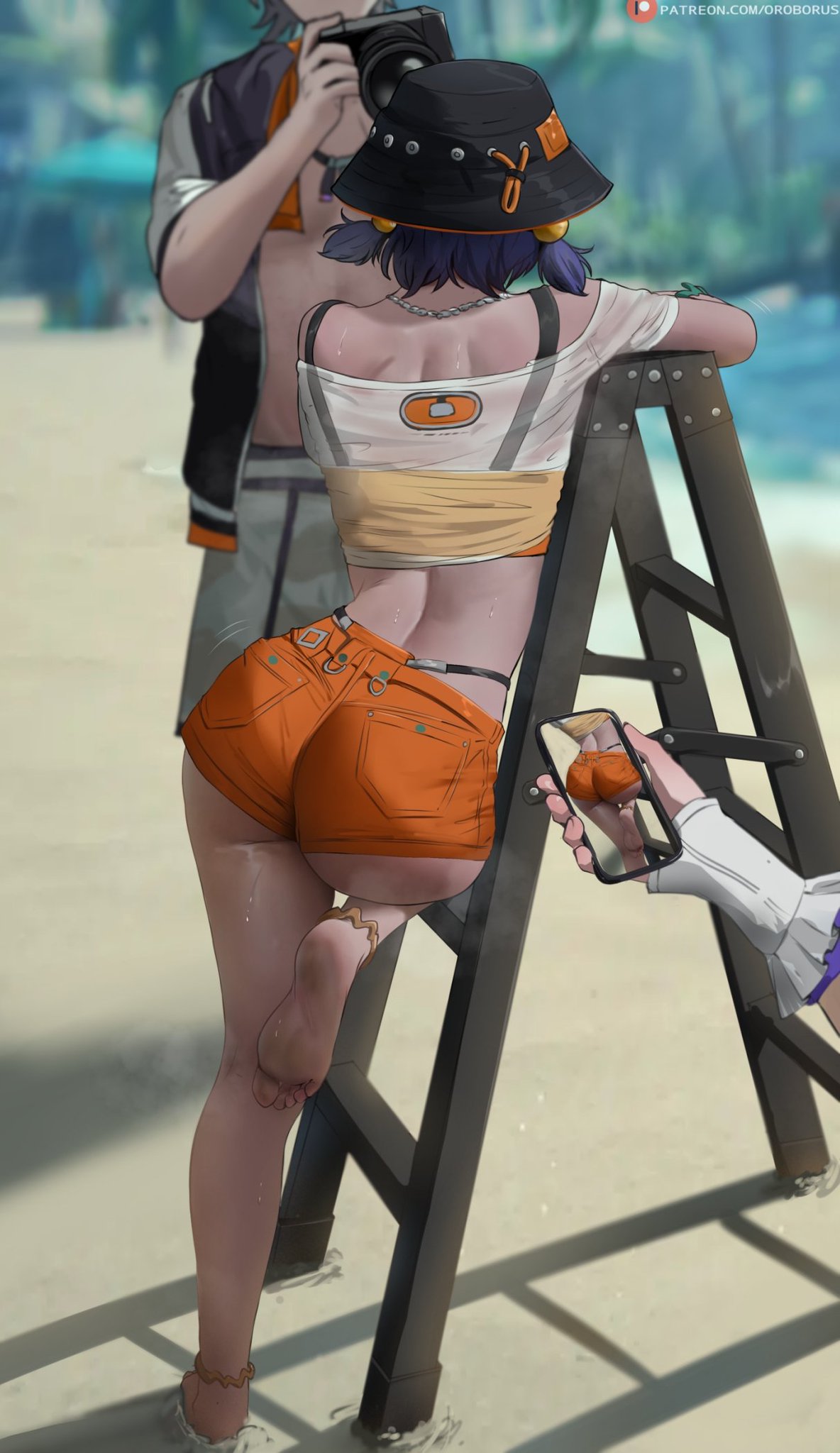 1boy, 2girls, ass, barefoot, beach, belle (summer skies) (zenless zone zero), belle (zenless zone zero), bikini, bikini under clothes, black hat, blue hair, blurry, blurry background, brother and sister, bucket hat, camera, cellphone, denim shorts, from behind, hat, highres, holding, holding camera, holding phone, multiple girls, oblivious sexualization, official alternate costume, orange shorts, oroborus, oroborusart, outdoors, patreon logo, patreon username, phone, sand, shirt, short twintails, shorts, siblings, soles, sweat, swimsuit, toes, twintails, vivian banshee, vivian banshee (iris of the shore), white shirt, wise (peaceful waves) (zenless zone zero), wise (zenless zone zero), zenless zone zero
