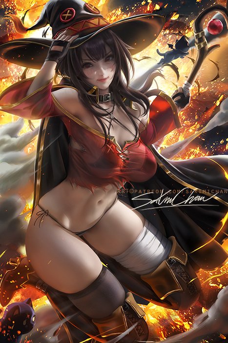 1girls, aged up, big breasts, bra, breasts, cleavage, female, female only, horny, kono subarashii sekai ni shukufuku wo!, large breasts, looking at viewer, megumin, pinup, sakimichan, solo, thighhighs