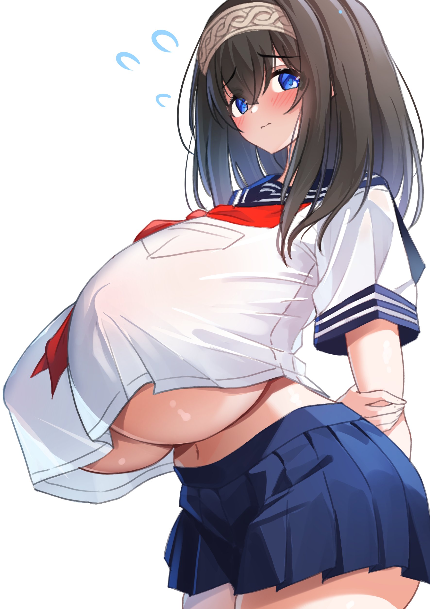arms behind back, blue skirt, blush, curvy, flying sweatdrops, from side, gigantic breasts, holding own arm, hyper breasts, idolmaster, idolmaster cinderella girls, large ass, looking at viewer, nipple bulge, no bra, pleated skirt, sagisawa fumika, satoyama meu, serafuku, thick thighs, underboob, wide hips
