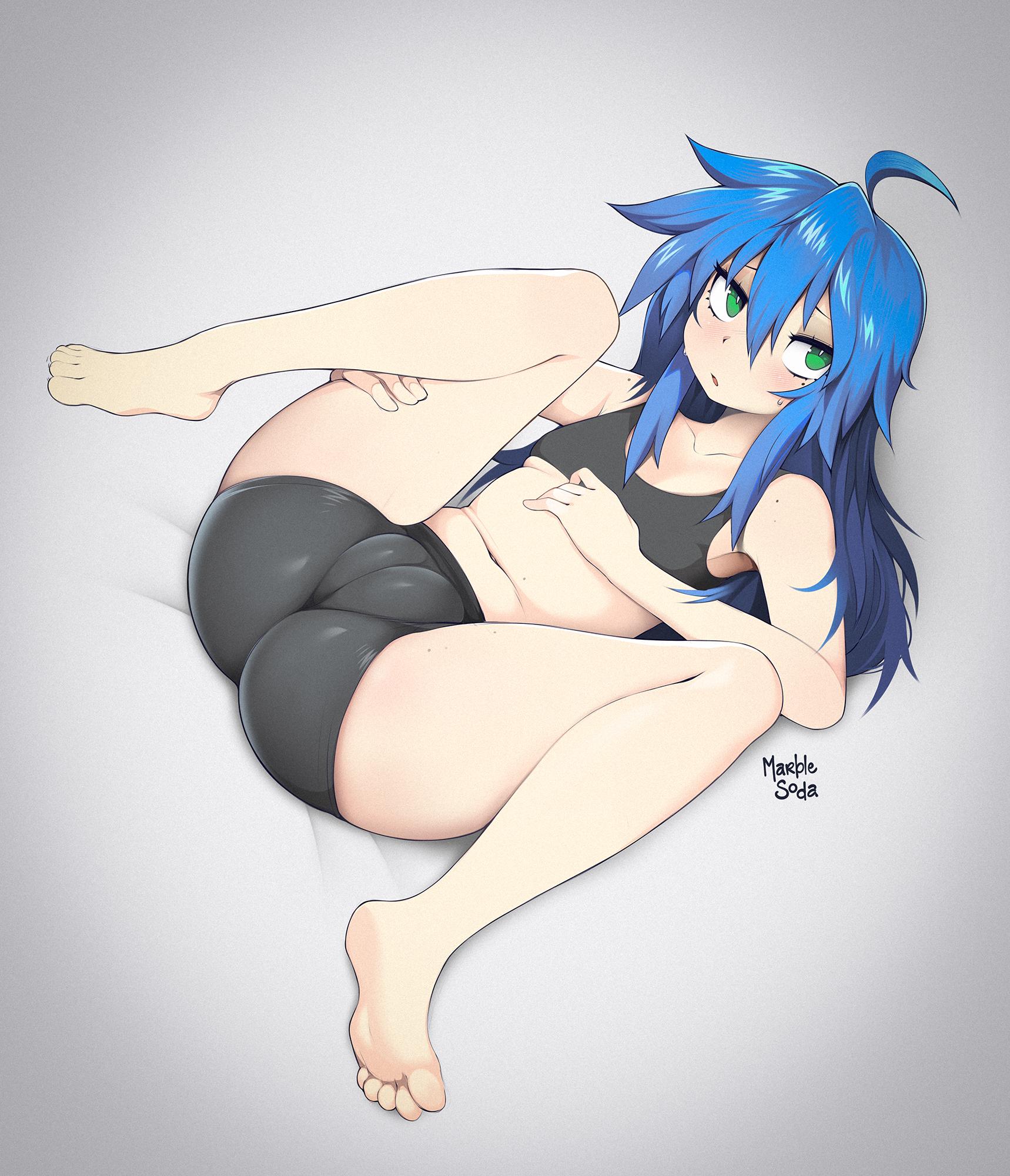 1girl, aged up, artist name, barefoot, bike shorts, black shorts, black sports bra, blue hair, blush, breasts, cameltoe, collarbone, embarrassed, eyelashes, female focus, from side, full body, green eyes, hand on own stomach, hand on own thigh, izumi konata, knees up, light blush, long hair, looking afar, looking to the side, looking up, lucky star, lying, m legs, marblesoda, messy hair, mole, mole on shoulder, mole on thigh, mole under eye, navel, nervous, on back, open mouth, petite, shorts, sideways glance, simple background, small breasts, solo, sports bra, spread legs, toes, variant set, white background