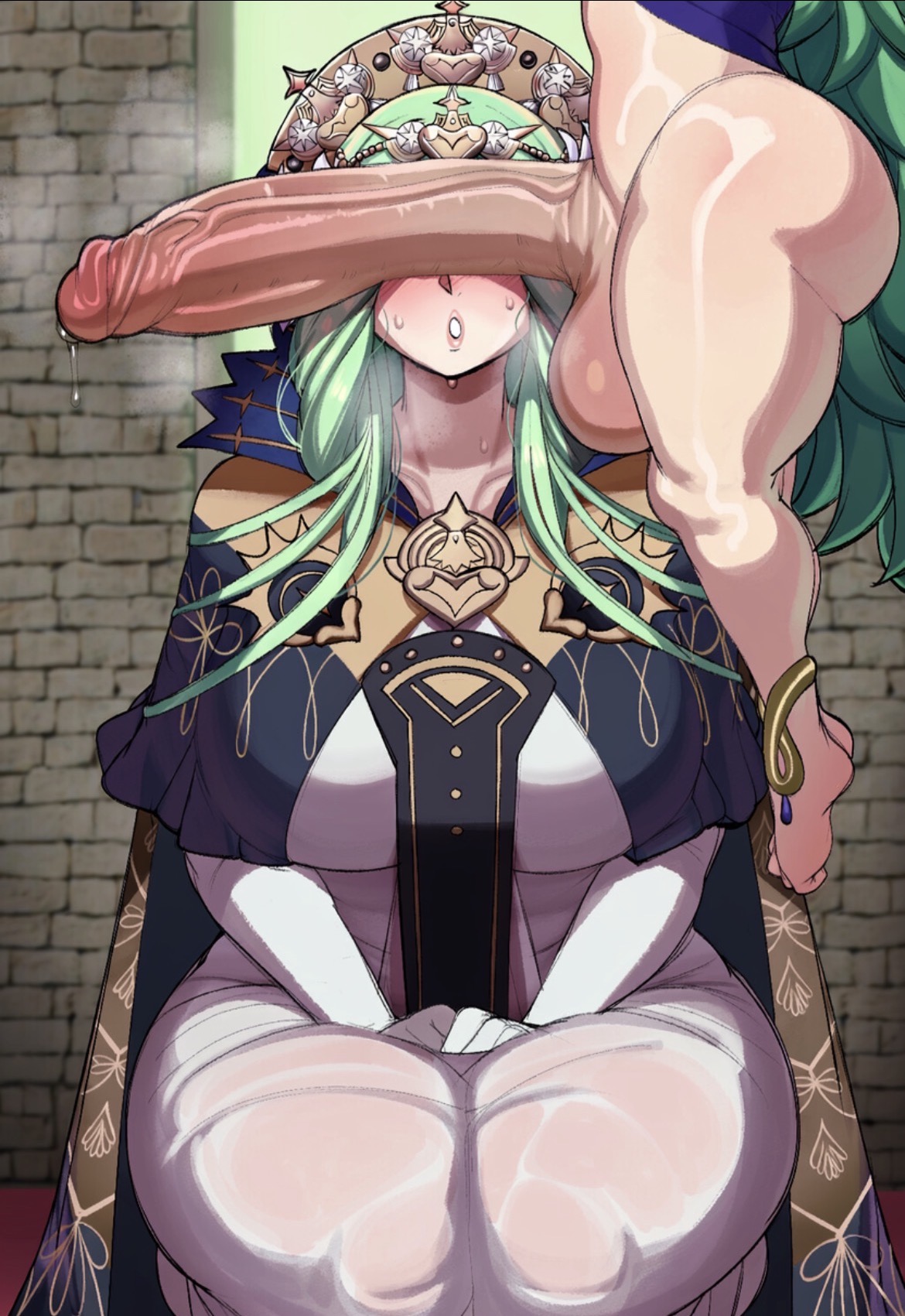 1futa1girl, ai generated, cant see the haters, fire emblem, fire emblem: three houses, floating, futanari, goddess, green hair, height difference, incest, kneeling, large ass, large balls, large breasts, large penis, open mouth, penis awe, penis on face, rhea (fire emblem), small but hung, small dom big sub, sothis (fire emblem)