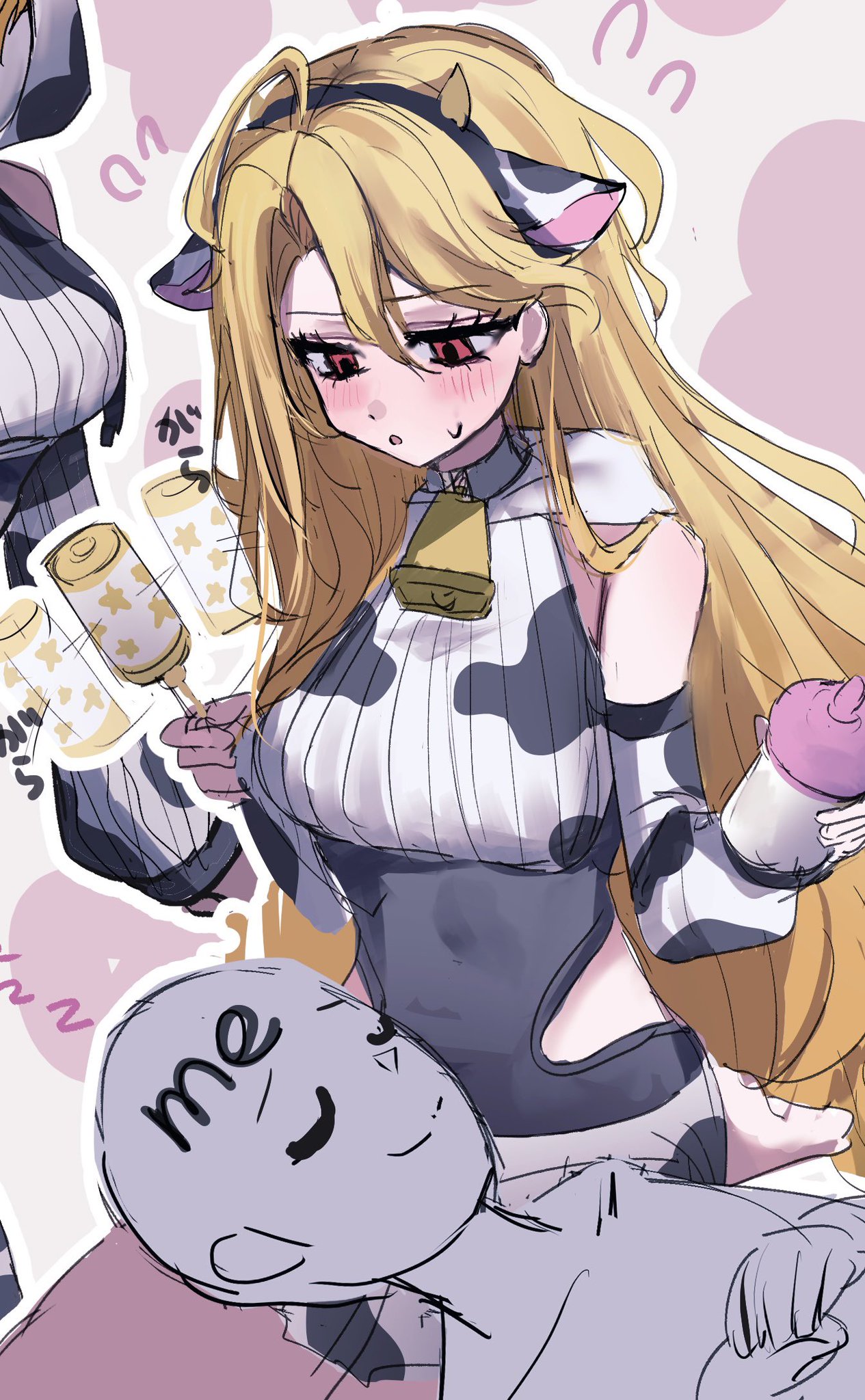 1girl, 1other, animal ears, bald, bandaid on horn, bell, blonde hair, blush, bottle, breasts, commentary, cow ears, cow girl, cow hat, cow horns, cowbell, don quixote (limbus company), grey body, highres, horns, la manchaland (identity) (project moon), large breasts, limbus company, long hair, milk, milk bottle, neck bell, open mouth, pleated skirt, project moon, sancho (limbus company), skirt, toy, untranslatable commentary