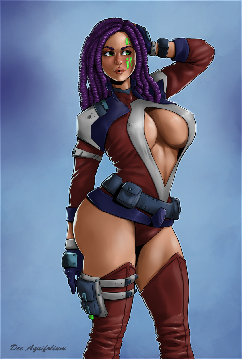 ass ass athletic big_breasts breasts busty cleavage cleavage_cutout dark-skinned_female dark_skin deeaquifolium dreadlocks erect_nipples facepaint female female_focus female_only fingerless_gloves gloves green_eyes huge_breasts large_breasts long_hair navel nipple_bulge officer purple_hair science_fiction sideboob solo space spacesuit tagme thigh_boots thigh_holster uniform