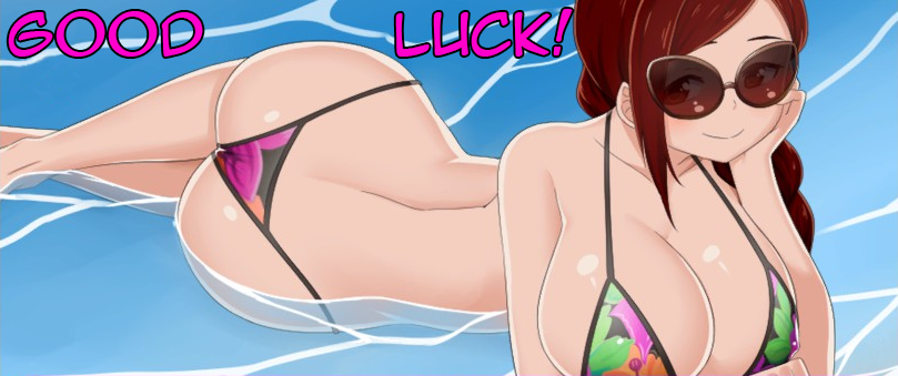 annie_(booty_calls) arms ass big_breasts bikini bikini_bottom bikini_top booty_calls breasts brown_hair good_luck_girl! impossible_pose legs nutaku sunglasses tagme water