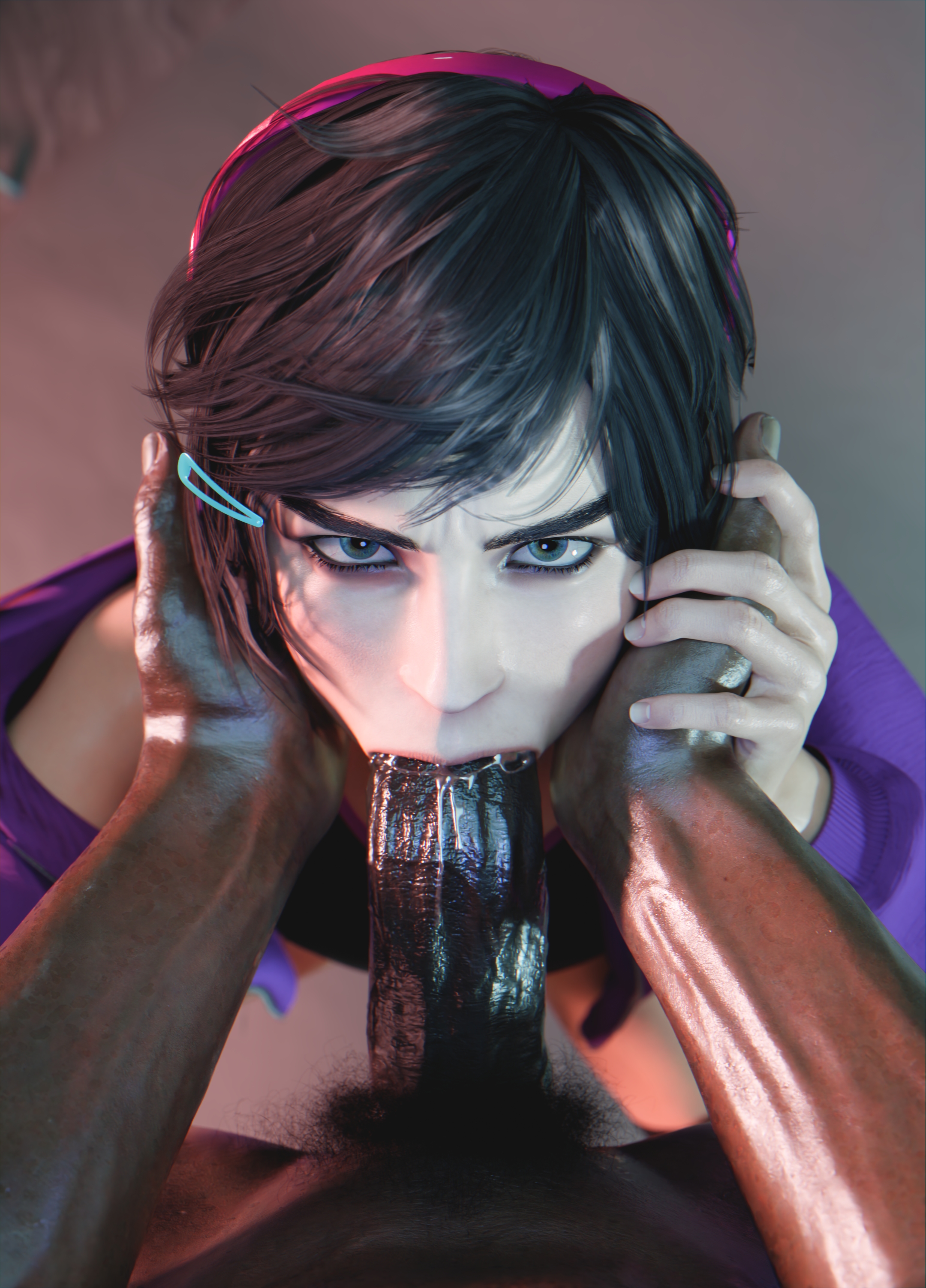 :>=, 2boys, 3d, 3d render, alexis (andava), andavaverse, bangs, big penis, black hair, blowjob, blue eyes, clothed, clothed male, clothed sex, fellatio, femboy, feminine male, gay, gay blowjob, hair ornament, hairclip, high-angle view, holding face, holding hands, holding head, huge penis, interracial, interracial fellatio, large penis, light skin, light-skinned femboy, light-skinned male, looking at viewer, nude, nude male, oc, offscreen character, oral, original, original character, penis, pov, pov eye contact, pubic hair, saliva, saliva on penis, saliva trail, thick penis, twink, veiny penis, yaoi
