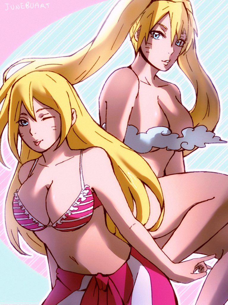 2girls, big breasts, bikini, bikini top, blonde hair, blue eyes, boruko, boruto: naruto next generations, breasts, busty, canon genderswap, censored, cleavage, cloud, father and son, female, female only, gender transformation, genderswap, genderswap (mtf), junebuart1, large breasts, legs, light skin, light-skinned female, long hair, looking at viewer, mother and daughter, multiple females, multiple girls, naruko, naruto, naruto (series), one eye closed, pale skin, pale-skinned female, pink bikini, pink swimsuit, revealing clothes, rule 63, sexy no jutsu, standing, swimsuit, tease, teasing, tongue, tongue out, towel, towel around waist, transformation, twintails, uzumaki boruto, uzumaki naruto, whisker markings, wink