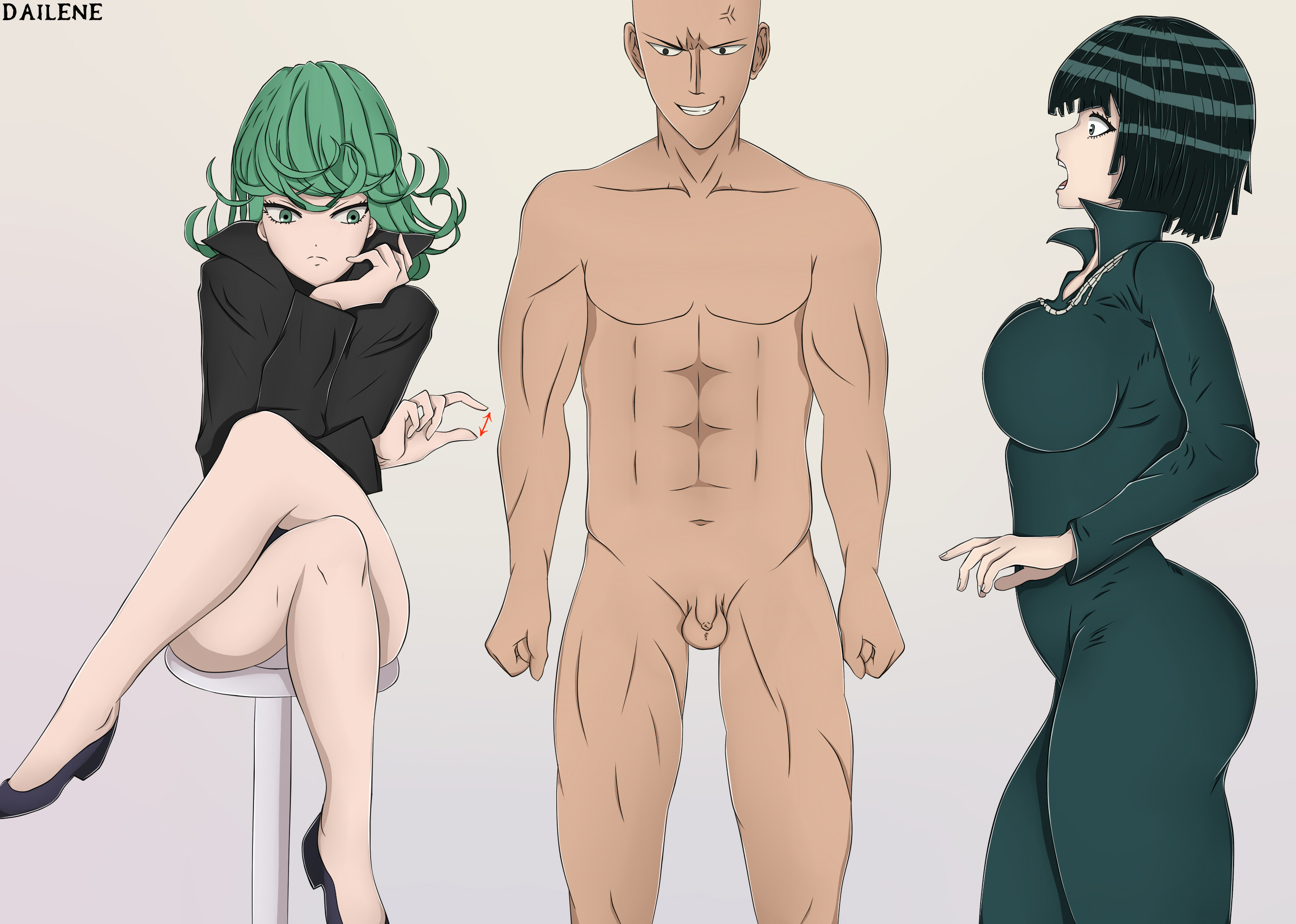 1boy, 2girls, abs, adult swim, angry, bald, balls, big breasts, black shoes, bored, breasts, cfnm, chair, clothed, clothed female nude male, crossed legs, dailene, dark hair, dress, female, female domination, femdom, fubuki (one-punch man), green eyes, green hair, hair, humiliated, humiliation, light hair, light skin, looking at another, looking down, looking to the side, male, multiple females, multiple girls, muscles, muscular, muscular male, necklace, nude, nude male, one-punch man, open mouth, penis, penis out, pinching gesture, saitama, shoes, small penis, small penis humiliation, smile, surprise, surprised, tatsumaki, teeth, teeth clenched, testicles, toned, toonami, unamused, watermark