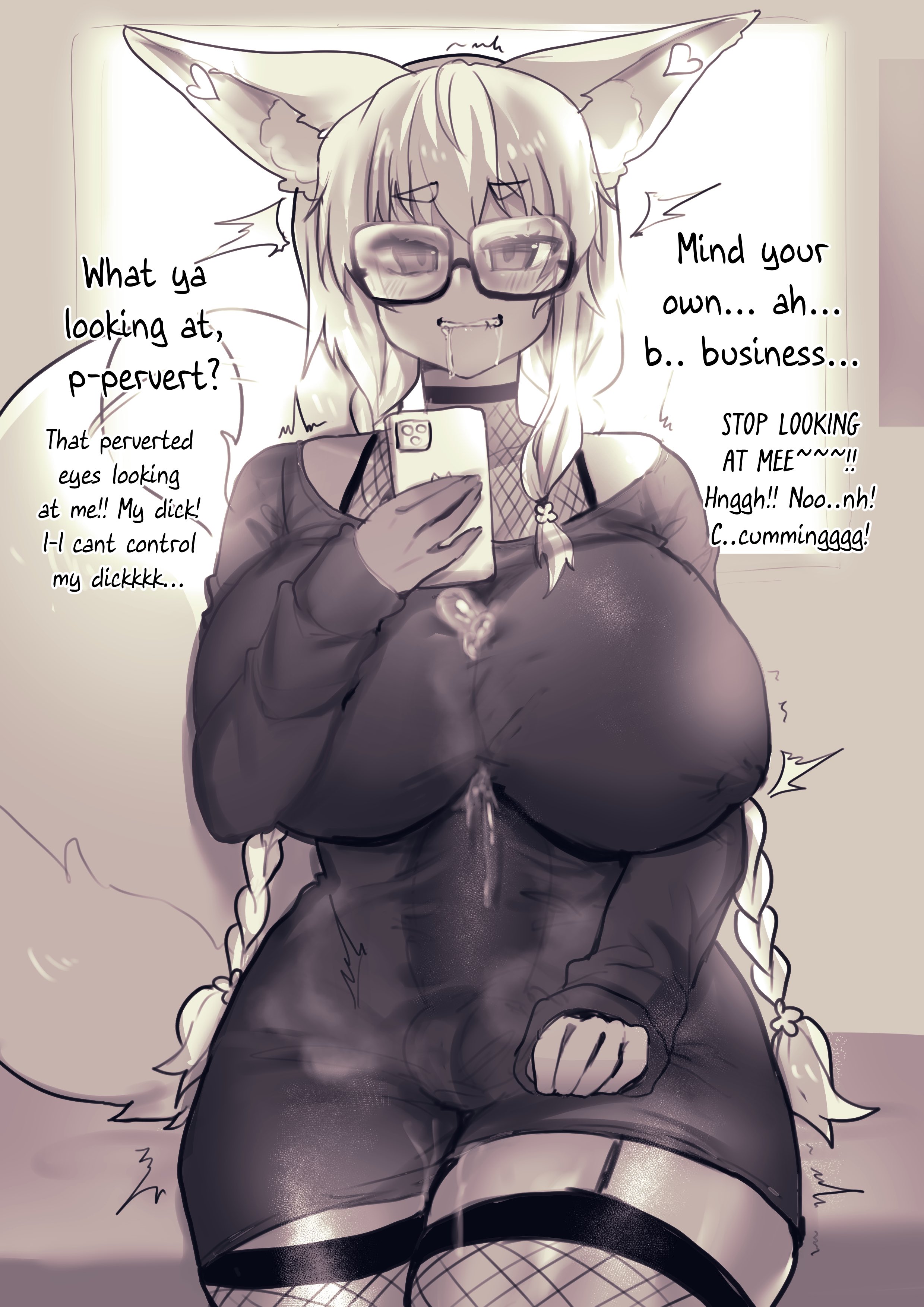 1futa, animal ears, anthro, autopaizuri, autopaizuri under clothes, balls, big balls, braided hair, breasts, bulge, clothed, clothing, cum, cum in clothes, cum through clothes, dialogue, dickgirl, dress, drooling, ejaculation, erection under clothes, fishnets, fully clothed, fureinaf, futa only, futanari, garter straps, glasses, hands-free, handsfree ejaculation, horny, huge cock, intersex, large breasts, masturbation, orgasm, osiimi, paizuri, penis, pussy, pussy juice, sitting, smartphone, solo, steam, tail, text, thighhighs