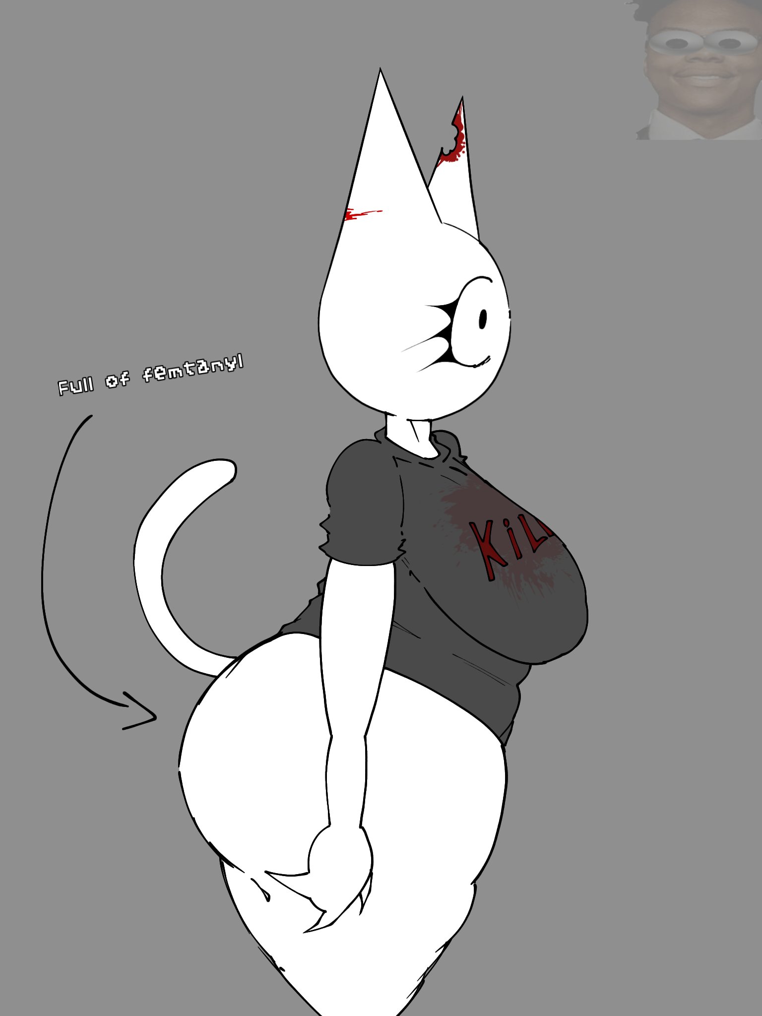 1girls, big ass, big breasts, cat ears, cat humanoid, femtanyl, meme in the background, tail, text, thick thighs, token (femtanyl)