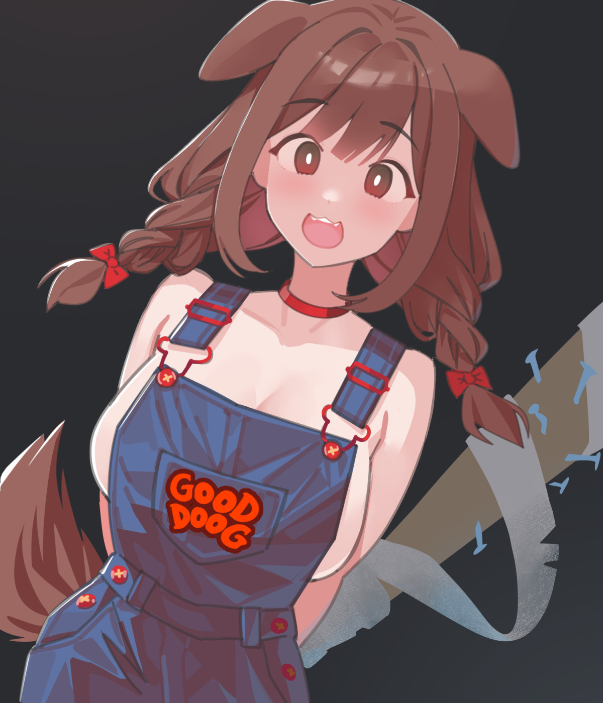1girls, baseball bat, braided hair, breasts, brown hair, dismassd, dog ears, dog girl, dog tail, hololive, inugami korone, light-skinned female, overalls, partially clothed, red bow, virtual youtuber, vtuber