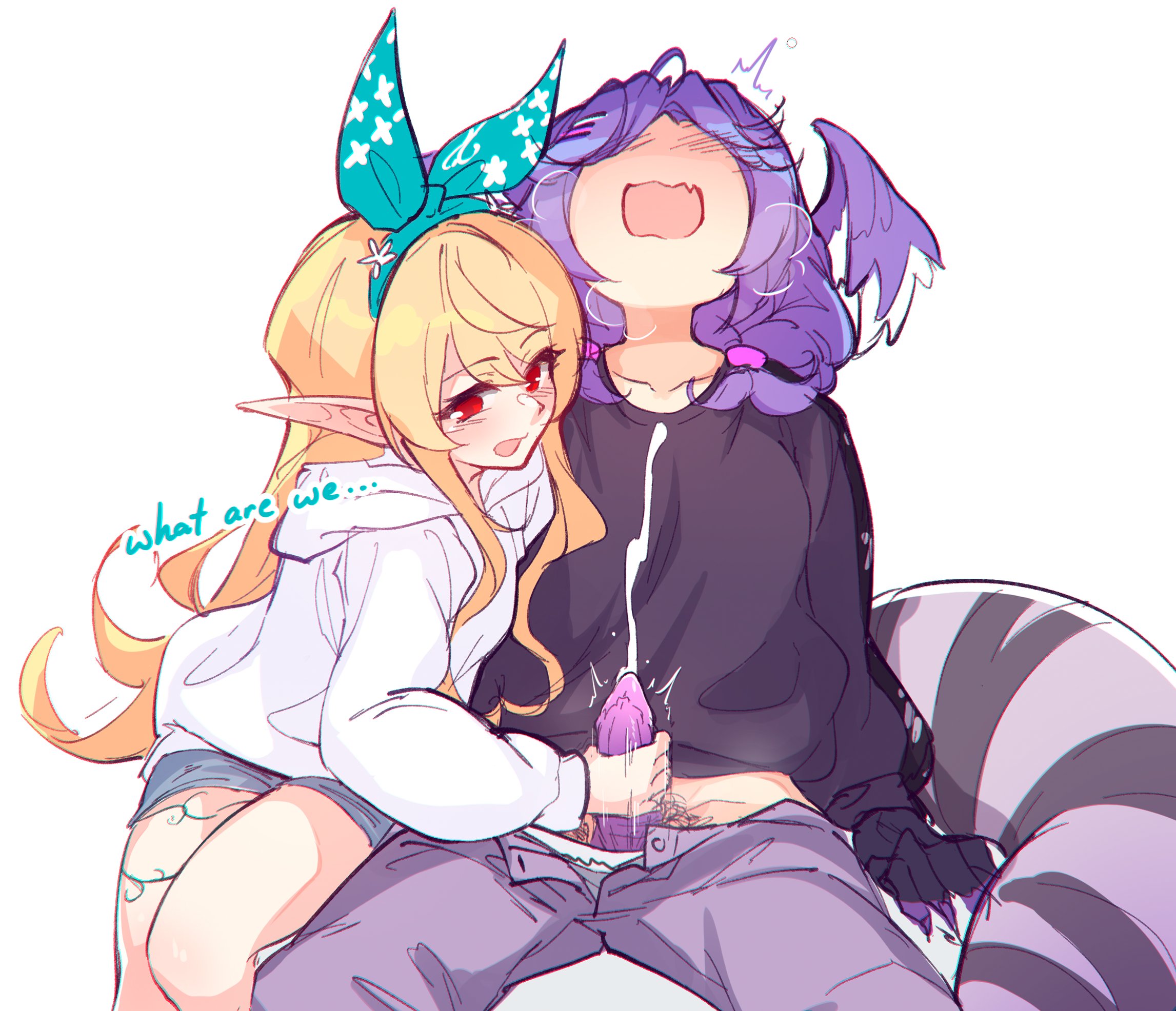 1futa, 1girls, ahe gao, ahoge, asking question, blush, blushing, braided hair, breasts, breathing heavily, clavicle, clothed female, clothed futa, cum, cum in air, cum outside, cumming, cumming from handjob, cumshot, dialogue, dragon, dragon arm, dragon girl, dragon penis, dragon tail, elf ears, english text, erect penis, erection, fairy, fairy girl, femdom, futa orgasm, futanari orgasm, futasub, grabbing penis, graduated vtuber, hairbow, handjob, head back, head tilt, head tilted back, headwings, hoodie, jeans, leaning forward, legs apart, legs spread, legs together, light skin, light-skinned female, light-skinned futa, long hair, long sleeves, looking at penis, looking away, looking pleasured, monster girl, motion blur, motion lines, mouth open, nijisanji, nijisanji en, orgasm, outercourse, panties, pants, pants open, pants undone, penis, penis grab, penis out, pleasure face, pointed ears, pomu rainpuff, pubic hair, purple hair, red eyes, ricegnat, seated, selen tatsuki, sharp claws, short shorts, shorts, simple background, single fang, sitting, small breasts, spread legs, steamy breath, striped tail, stroking cock, stroking penis, sweater, talking, thick thighs, thigh markings, thigh tattoo, thighs, thighs together, virtual youtuber, visible breath, white background, wings, zipper down