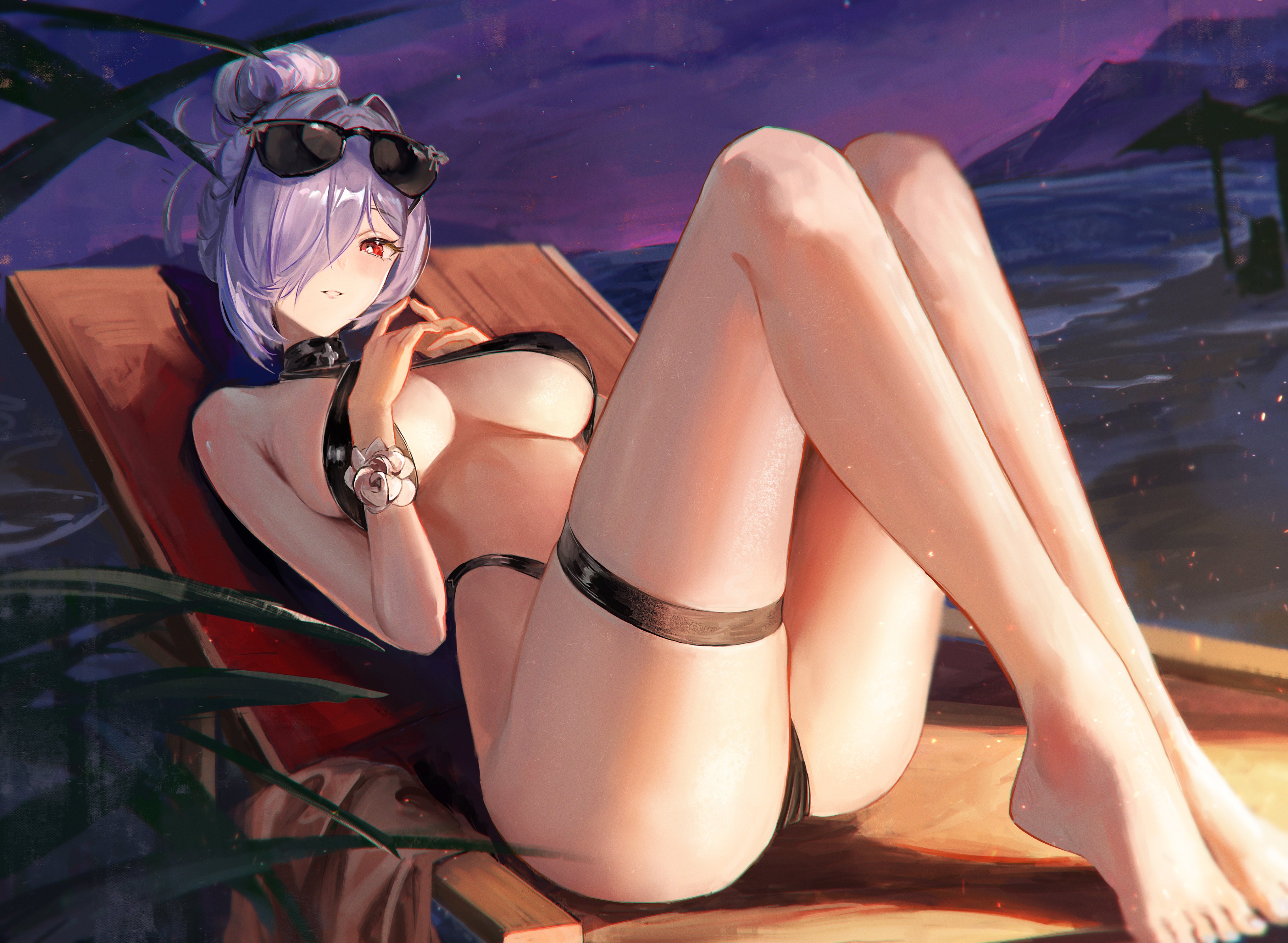 1girl, absurdres, bare shoulders, barefoot, beach, black slingshot swimsuit, blush, breasts, cinderella (crystal wave) (nikke), cinderella (nikke), cleavage, commentary, eyewear on head, goddess of victory: nikke, hair bun, hair over one eye, highres, knees up, large breasts, long hair, looking at viewer, navel, night, ocean, official alternate costume, outdoors, parted lips, red eyes, sitting, slingshot swimsuit, smile, solo, stomach, sunglasses, swimsuit, thigh strap, water, white hair, wrist flower