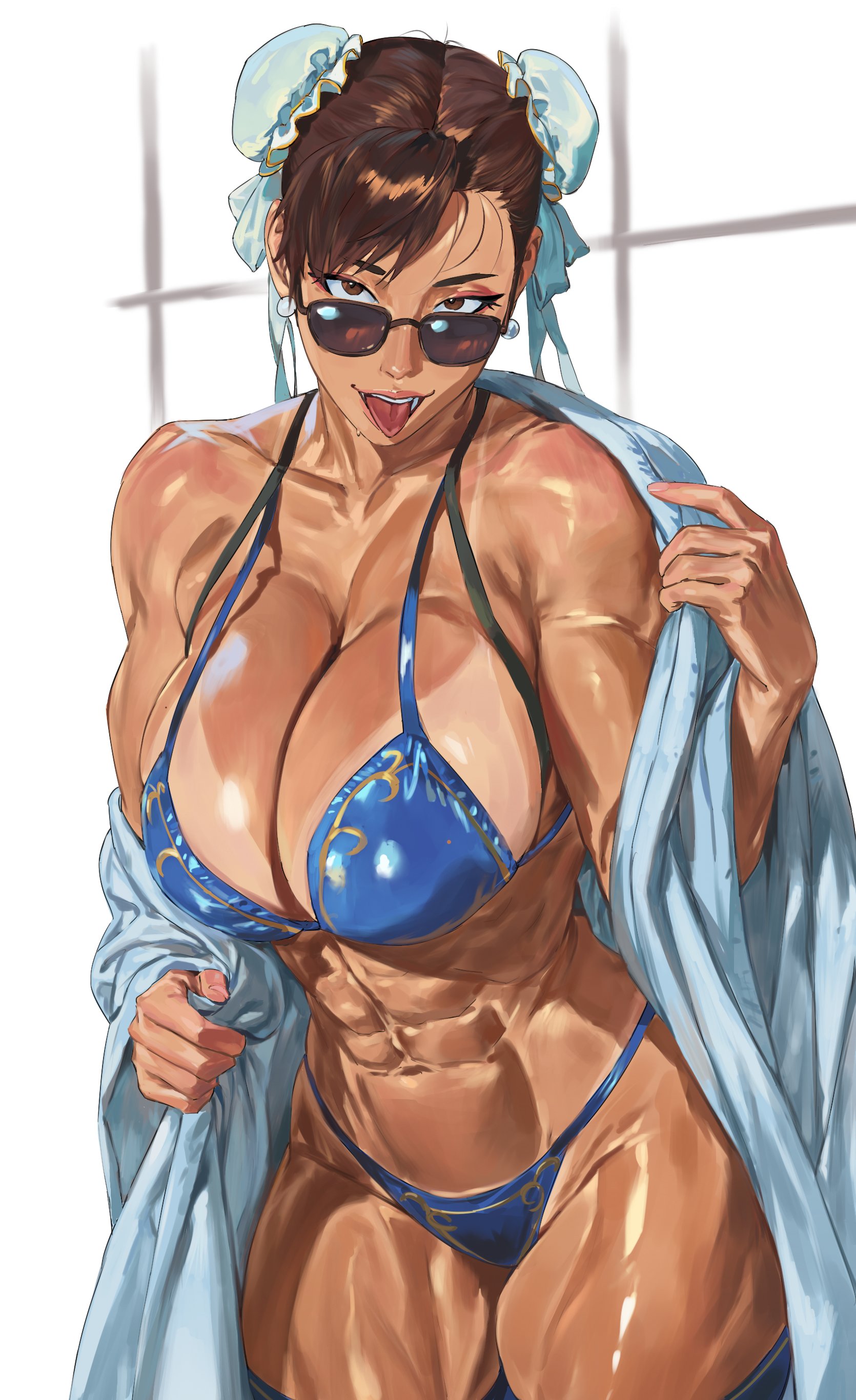 1girls, 2026, 2d, 2d (artwork), 2d artwork, abs, big breasts, bikini, breasts, brown eyes, brown hair, brown-haired female, chinese female, chun-li, chun-li (street fighter 6), cleavage, enargeia, enargeia5525, female, female focus, female only, hairbun, large breasts, looking at viewer, muscular, muscular female, muscular thighs, solo, solo focus, street fighter, street fighter 6, sunglasses, tan body, tan-skinned female, thick thighs, thighs, toned, toned body, toned female, toned stomach, tongue, tongue out, two-piece swimsuit