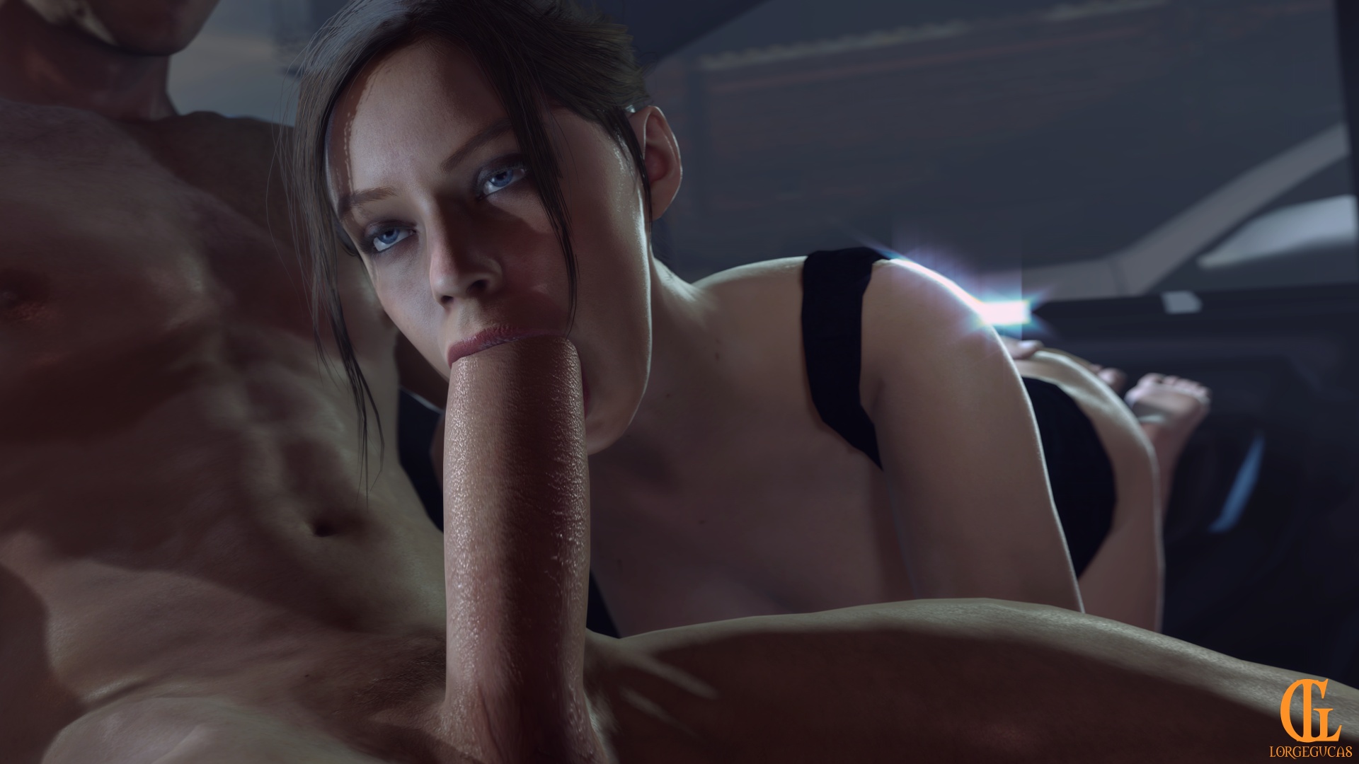 1boy, 1girls, 3d, ass, ass grab, balls, big penis, biohazard, blowjob, blue eyes, brown hair, car, claire redfield, claire redfield (jordan mcewen), erection, eyeshadow, fellatio, female, large penis, light skin, light-skinned female, light-skinned male, lorgegucas, male, naughty face, oral, pale skin, pale-skinned female, pale-skinned male, penis, pleasure face, ponytail, resident evil, resident evil 2, resident evil 2 remake, sfm, skinny, source filmmaker, straight, testicles