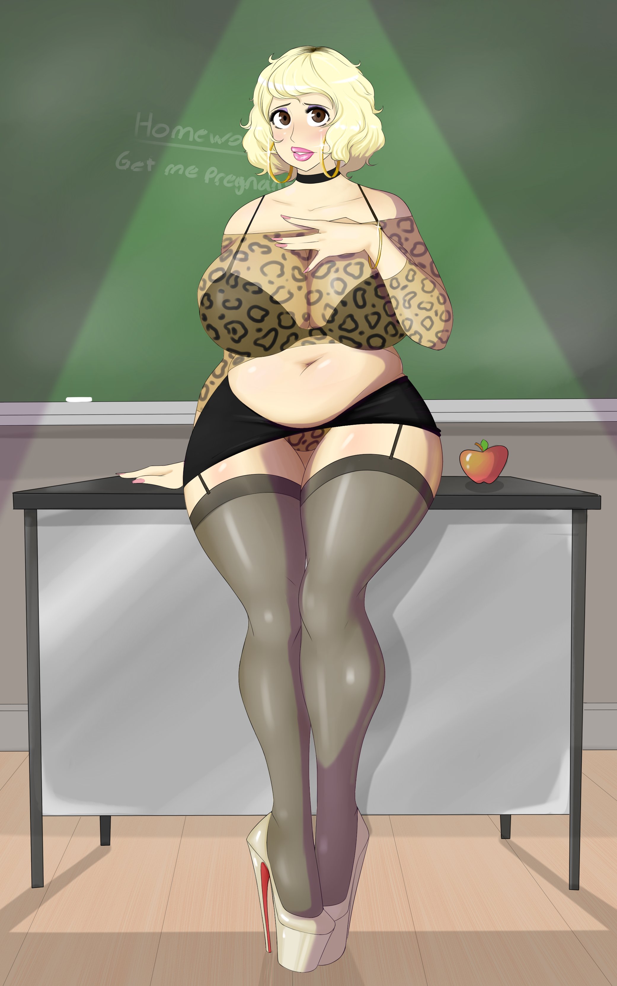 1girls, bimbo, bimbofication, blonde hair, bra, breasts, choker, chubby, cleavage, eyeshadow, fat, female, female only, full body, garter straps, gyaru, high heels, hoop earrings, hoop earrings oversized, huge breasts, lipstick, looking at viewer, makeup, overweight, panties, persona, persona 5, platform heels, prostitute, sadayo kawakami, sealguy, slightly chubby, solo, teacher, thick thighs, thighhighs, wide hips