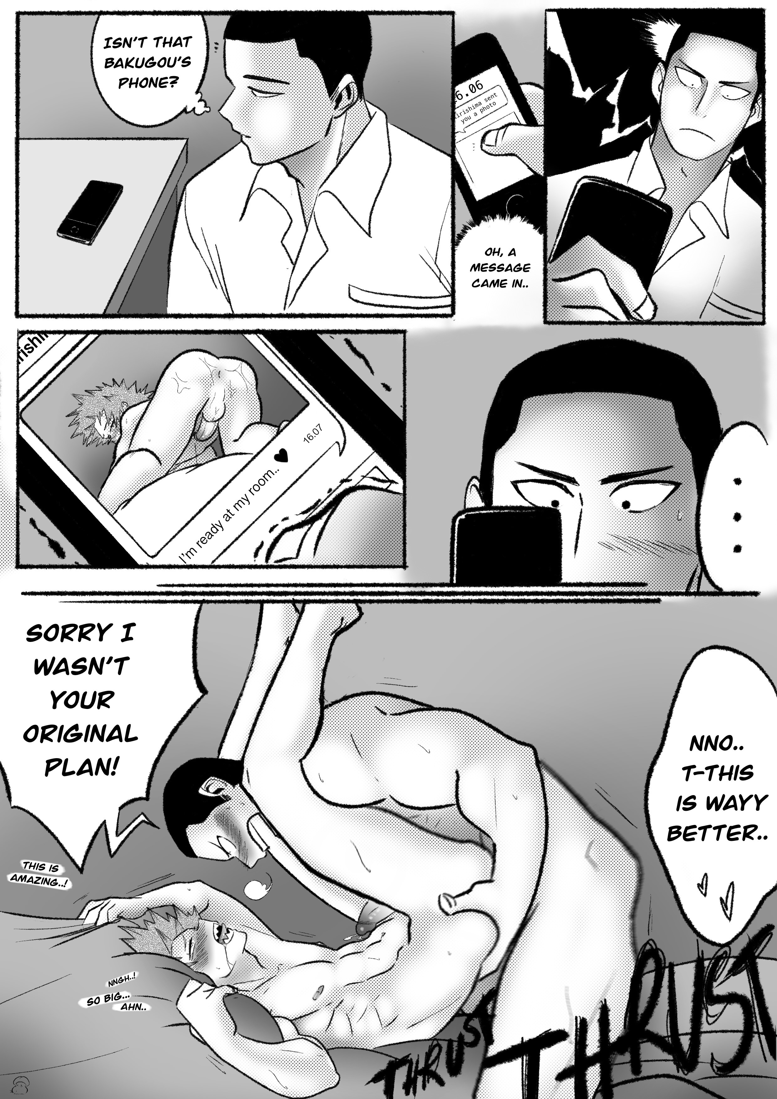 2boys, ahe gao, anal penetration, anal sex, ass, blanket grab, blush, cheating boyfriend, cock hungry, dialogue, eijirou kirishima, erect nipples, erection, eyes closed, eyes rolling back, fucked silly, gay, inasa yoarashi, inviting to sex, kirishima eijirou, legs on shoulders, lying, lying on back, male, male only, male penetrating, missionary position, my hero academia, nipples, nude, penis, phone, pleasure face, precum string, presenting, presenting ass, roshoom, rough sex, saliva trail, sharp teeth, spiky hair, thrusting into ass, uncensored, yaoi, yoarashi inasa
