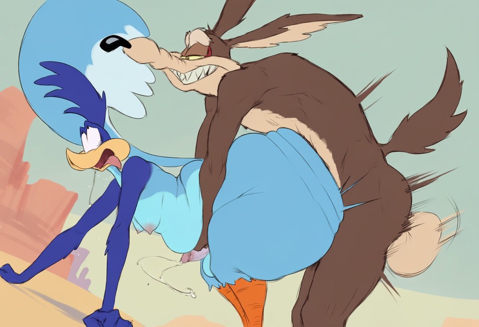 ai generated, anal penetration, anthro on anthro, big ass, emilyronp, gay, gay male, looney tunes, road runner (looney tunes), wile e. coyote, yaoi