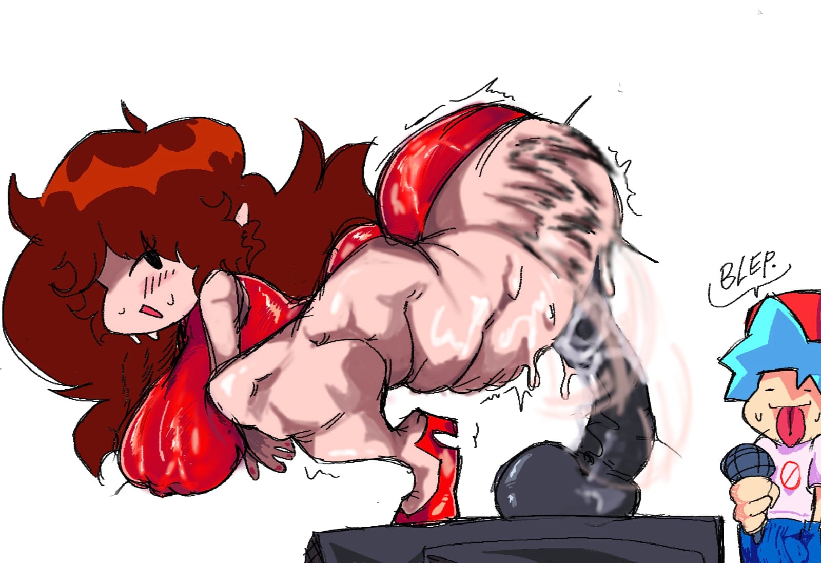 big breasts, boombox, boyfriend (friday night funkin), dress, friday night funkin, garfieldgriffin (artist), girlfriend (friday night funkin), large breasts, riding, riding dildo, silly face, sitting, sitting on dildo, swea, sweatdrop, sweating, sweaty ass, thick thighs, thighs, tongue out, wet dildo, worried