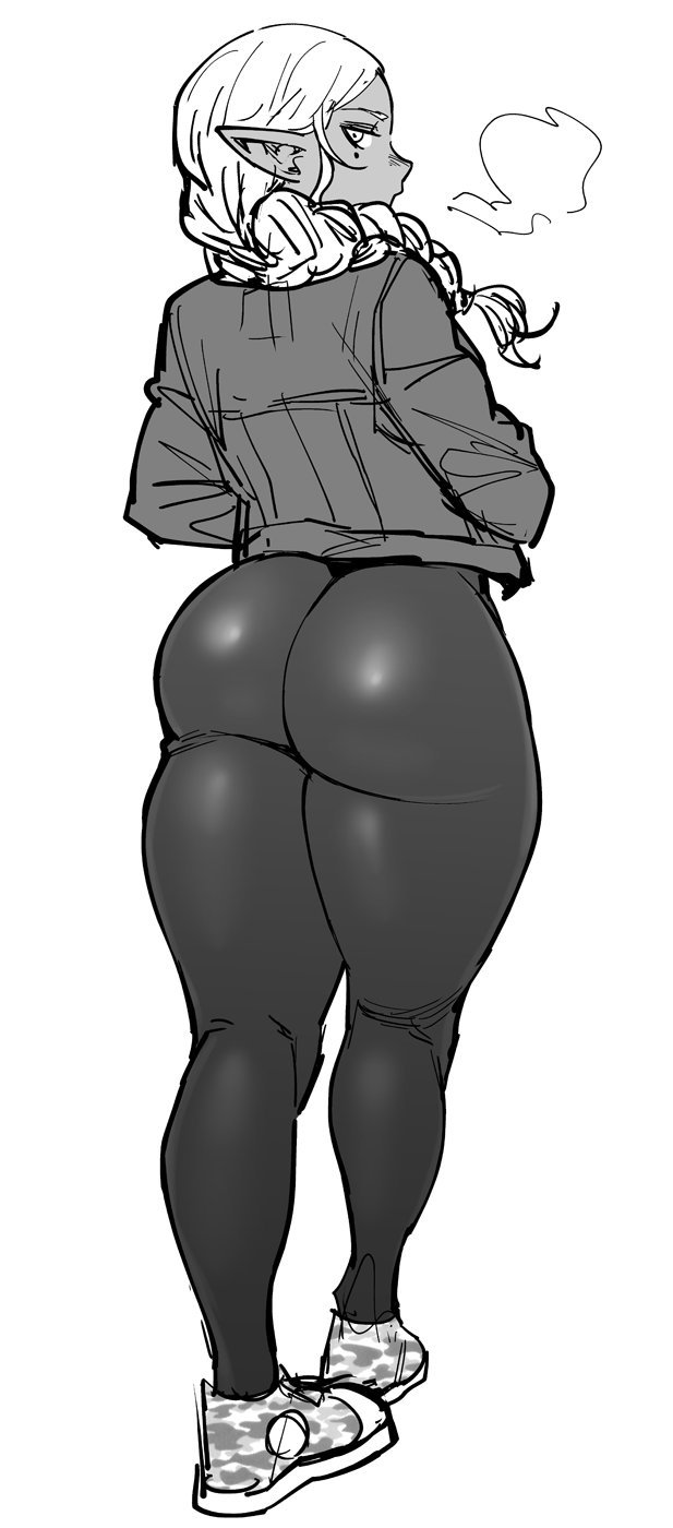 1girls ass big_ass braid braided_ponytail breasts curvy dark-skinned_female dark_elf dark_skin elf elf-san_wa_yaserarenai female huge_ass humanoid kuroeda leggings long_hair looking_back mole monochrome plump pointy_ears simple_background sketch sneakers synecdoche thick_thighs white_hair wide_hips