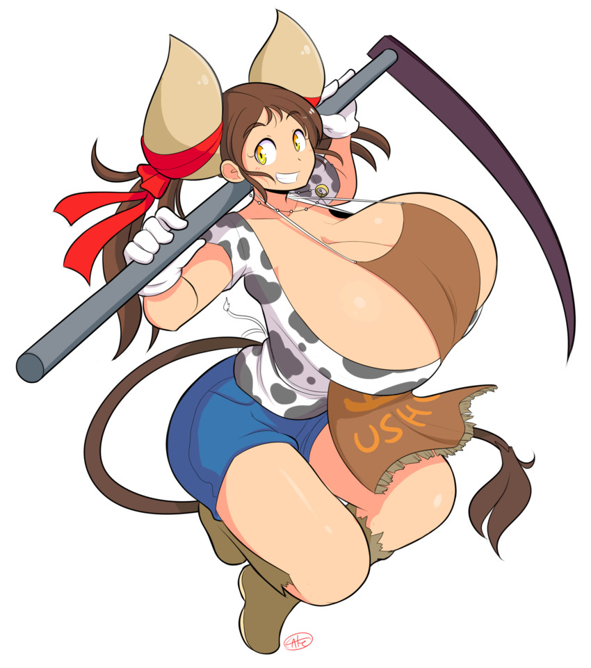 animal_tail apron big_horns bouncing_breasts bovine breasts brown_hair bursting_breasts cleavage cow_girl cow_horns cow_print cow_tail curvy female_minotaur gigantic_breasts gloves gritted_teeth happy horns hourglass_figure jumping minotaur minotaur_female minotaur_girl monster_girl necklace pose scythe shorts signature smile smiling sukimi_(hataraki_ari) swinging_breasts tagme tail tail_tuft theycallhimcake white_background