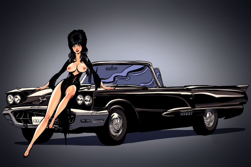 andrew_tarusov black_hair breasts car dagger elvira elvira:_mistress_of_the_dark exposed_breasts goth gothic heels legs looking_at_viewer nipples pinup posing vehicle