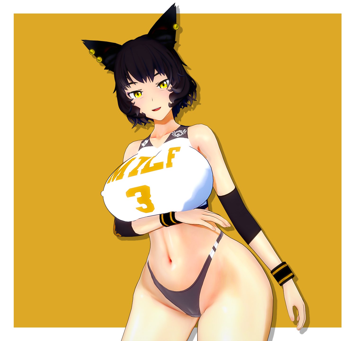 1girls, black hair, black hair female, cat ears, clothed female, combatwombat, gym clothes, gym shorts, gym uniform, kali belladonna, milf, rwby, solo female, yellow eyes
