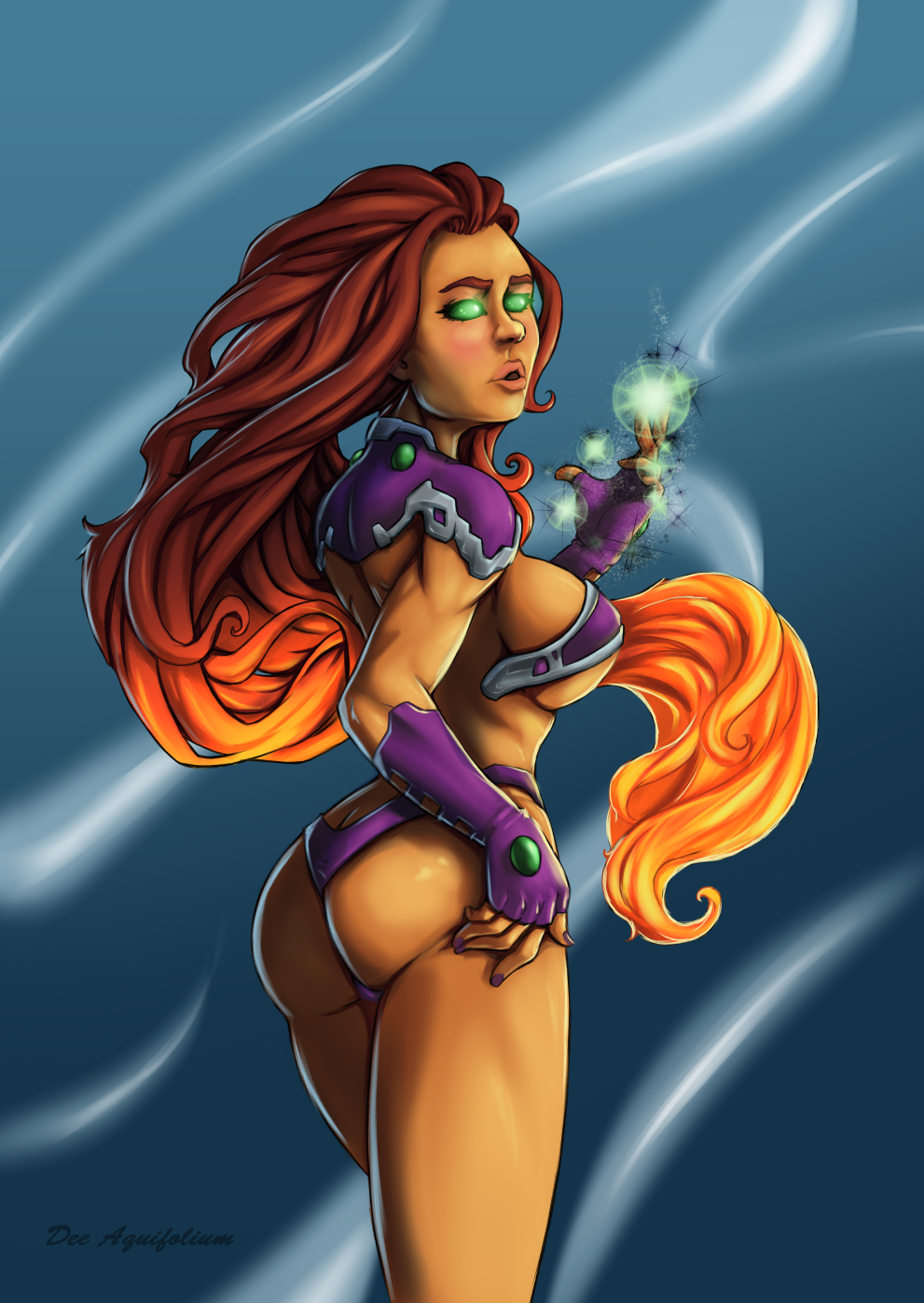 arm_sleeves ass athletic bare_legs bare_midriff biceps big_breasts blush breasts busty dc dc_comics deeaquifolium female female_focus g-string green_eyes koriand'r long_hair nail_polish new_52 orange_skin pinup pose posing power red_hair sideboob skimpy skimpy_clothes solo standing starfire teen_titans thick_lips thong underboob wedgie