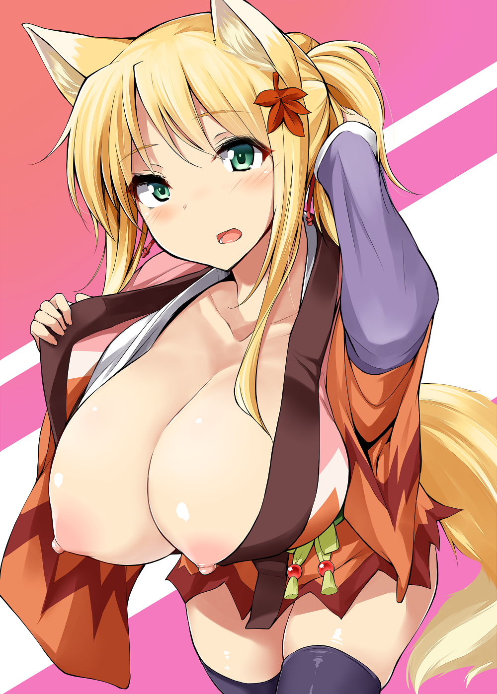 animal_ears black_legwear blonde_hair blush breasts dog_days female fox_ears fox_tail green_eyes hair_ornament highres huge_breasts japanese_clothes leaf_hair_ornament looking_at_viewer mikage_kirino nipple_slip nipples ponytail revision solo tail thighhighs yukikaze_panettone